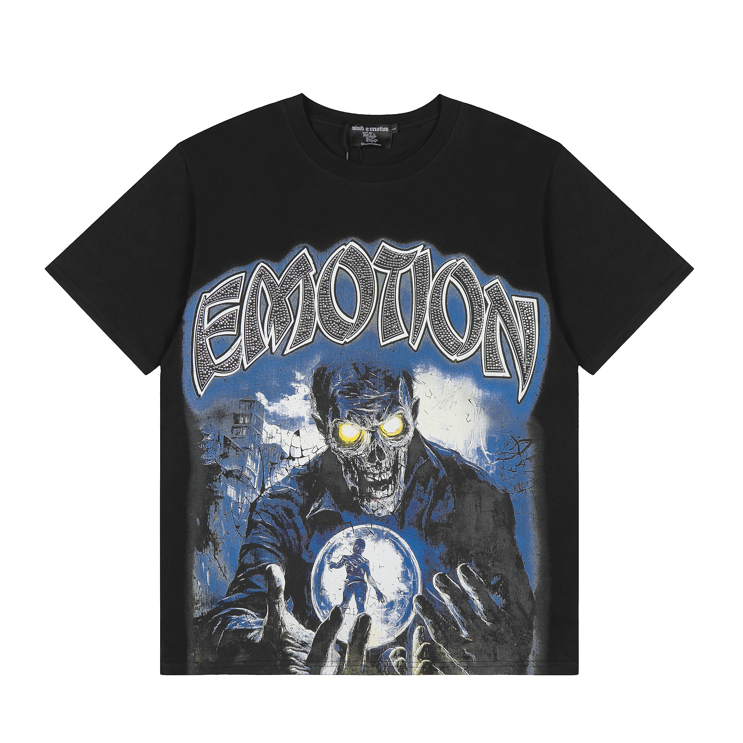 Glowing eyes skeleton blue background printed short-sleeved shirt