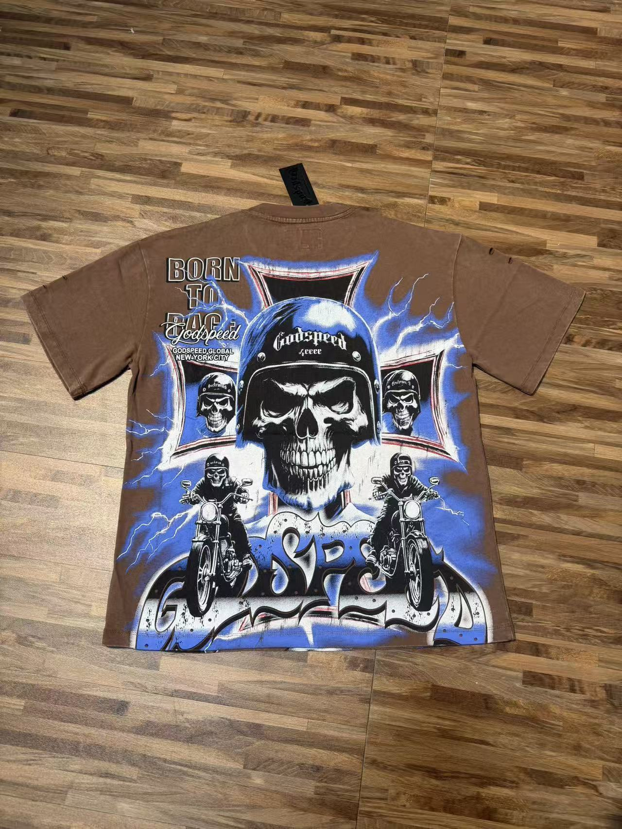 Brown cool helmet skull print short-sleeved T-shirt