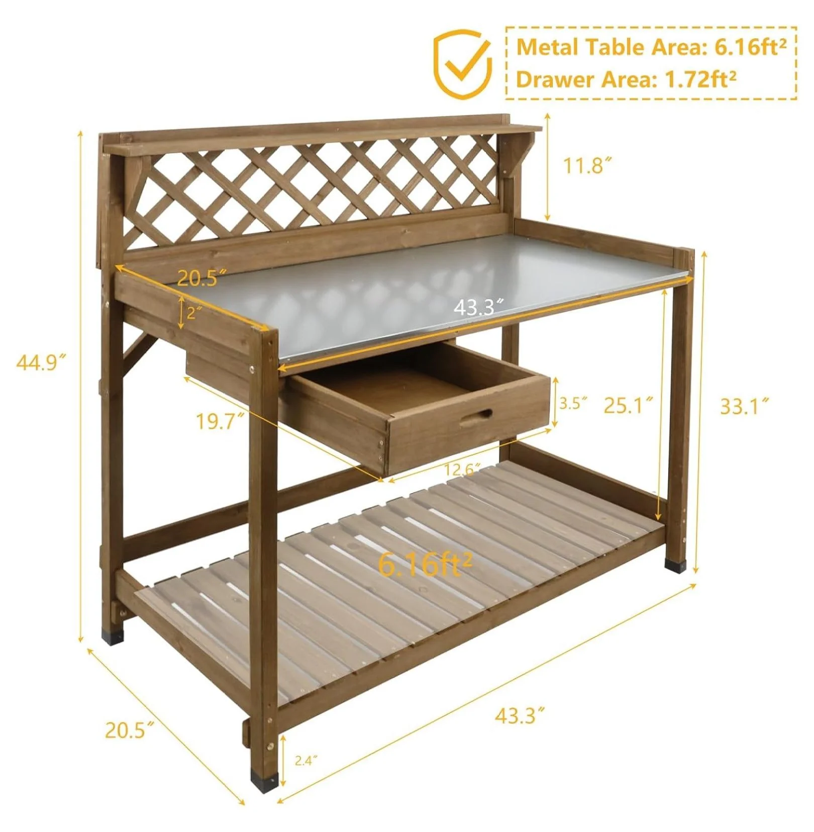 Garden Potting with Metal ,Outdoor Potting Table Workstation Benches with Drawer/Storage ShelfFir Wood Potting Station Work Table with Open Shelf,Lattice Back (Brown)
