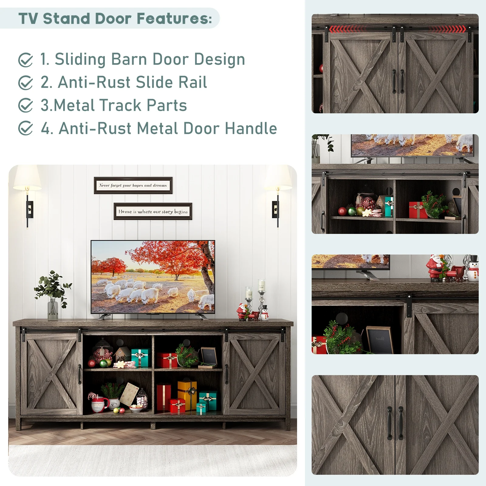 ChVans 70" Farmhouse Sliding Barn Door TV Stand for TVs Up to 80" TVs, Entertainment Center Console Table with Adjustable Shevles