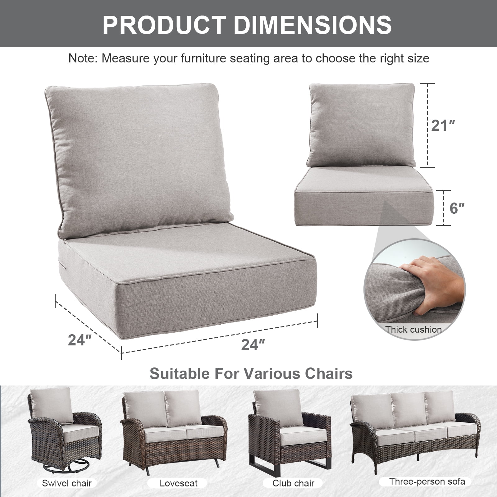 Terraloom 6 Inch Outdoor Cushions 24x24" - Water Resistant 2 Set Deep Seating Patio Chair Back&Seat Cushion for Wicker Rocking Swivel Chairs Loveseat Couch Sectional Sofa in Beige