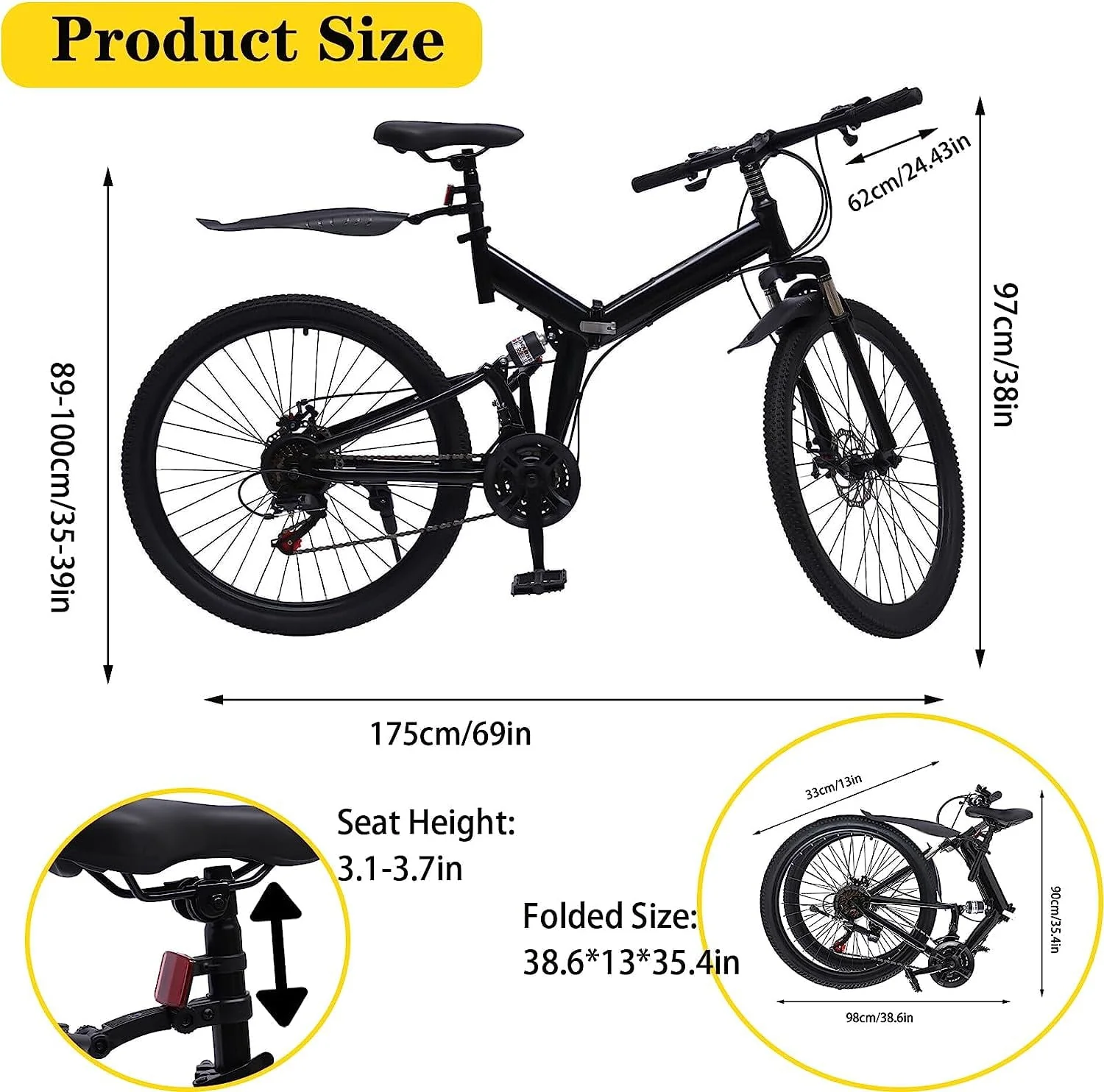 Aiqidi 26" Folding Mountain Bike, 21 Speed Dual Disc Brakes Unisex Adult Adjustable Mountain Bicycle for Riding Traveling, Black