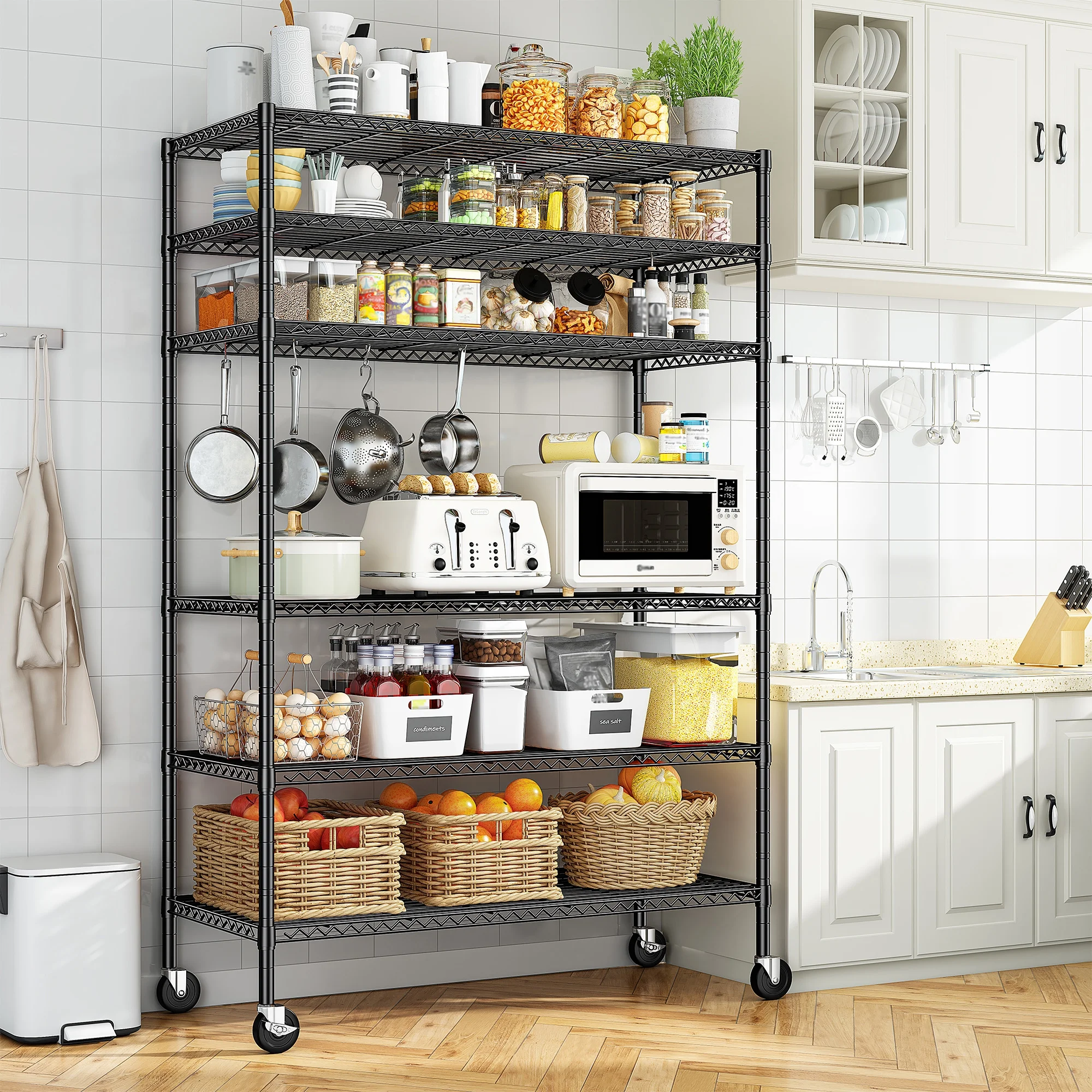 REIBII 6-Tier Wire Shelving Unit with Wheels, 82"H x 45"W x 18"D, 1200LBS Capacity,Adjustable Metal Storage Shelves for Garage,Kitchen,Pantry,Black