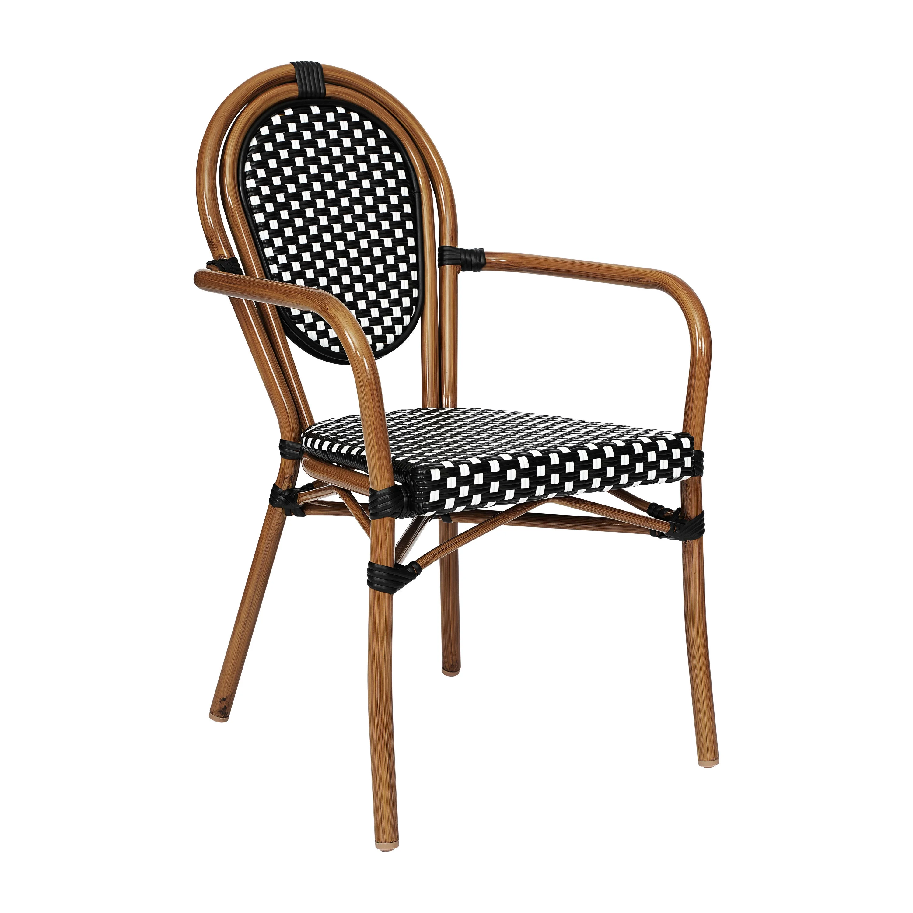 Merrick Lane Stacking Thonet French Bistro Style Chair with Arms, Black & White PE Rattan Seat, and Bamboo Finished Metal Frame for Indoor/Outdoor Use