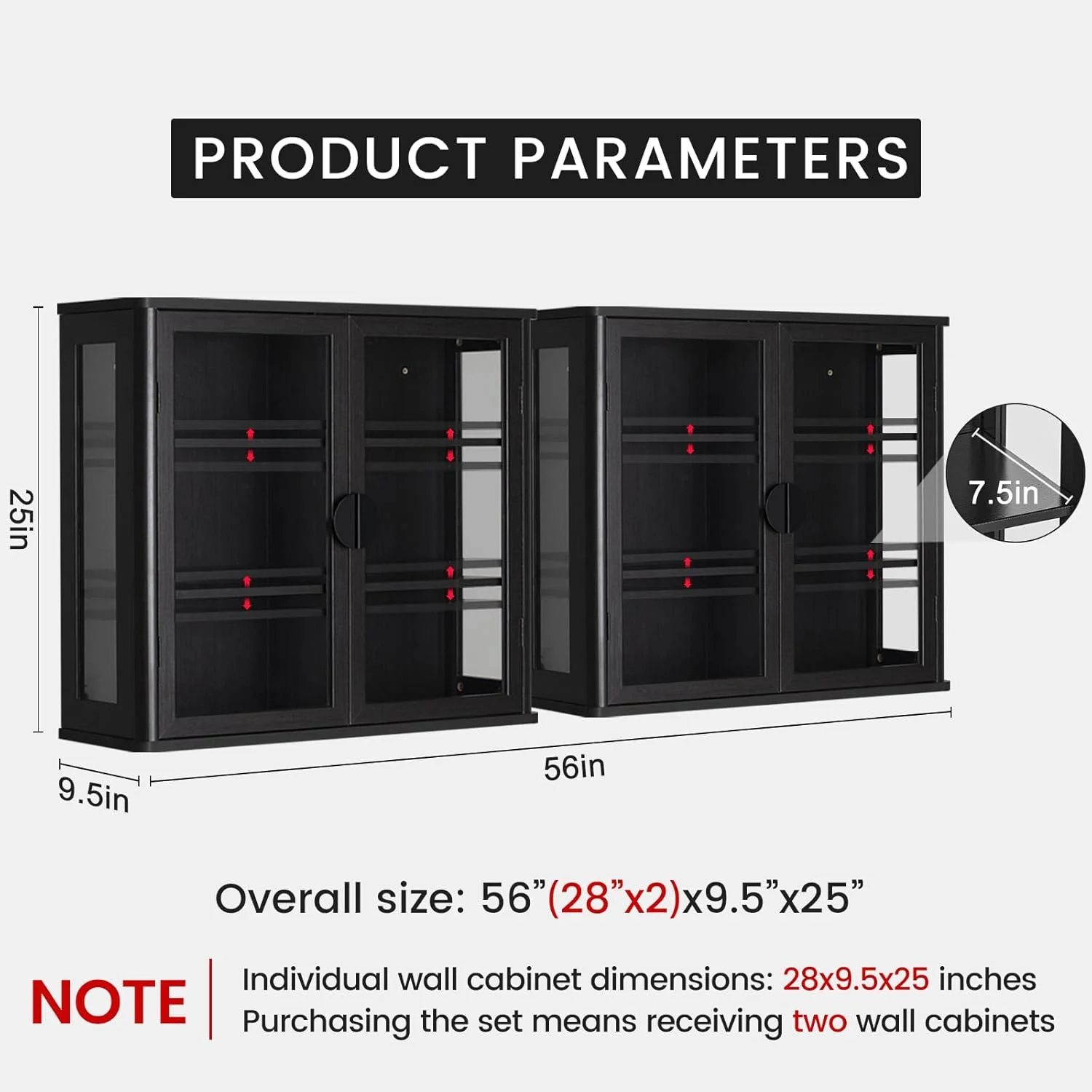 56" Black Wall Storage Cabinets,Kitchen Wall Cabinets with Glass Doors,Over The Toilet Storage Cabinets with Tempered Glass, Upper cabinets for Launtry, Kitchen,Bathroom, 28 inch X 2PCS