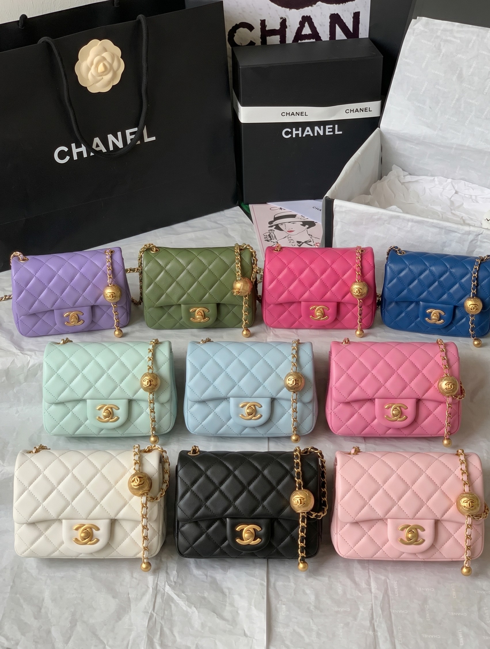 Chanel Mini Square CF 17CM Gold Ball Pearl Crush Quilted Leather Flap Chain Shoulder Bag /10A