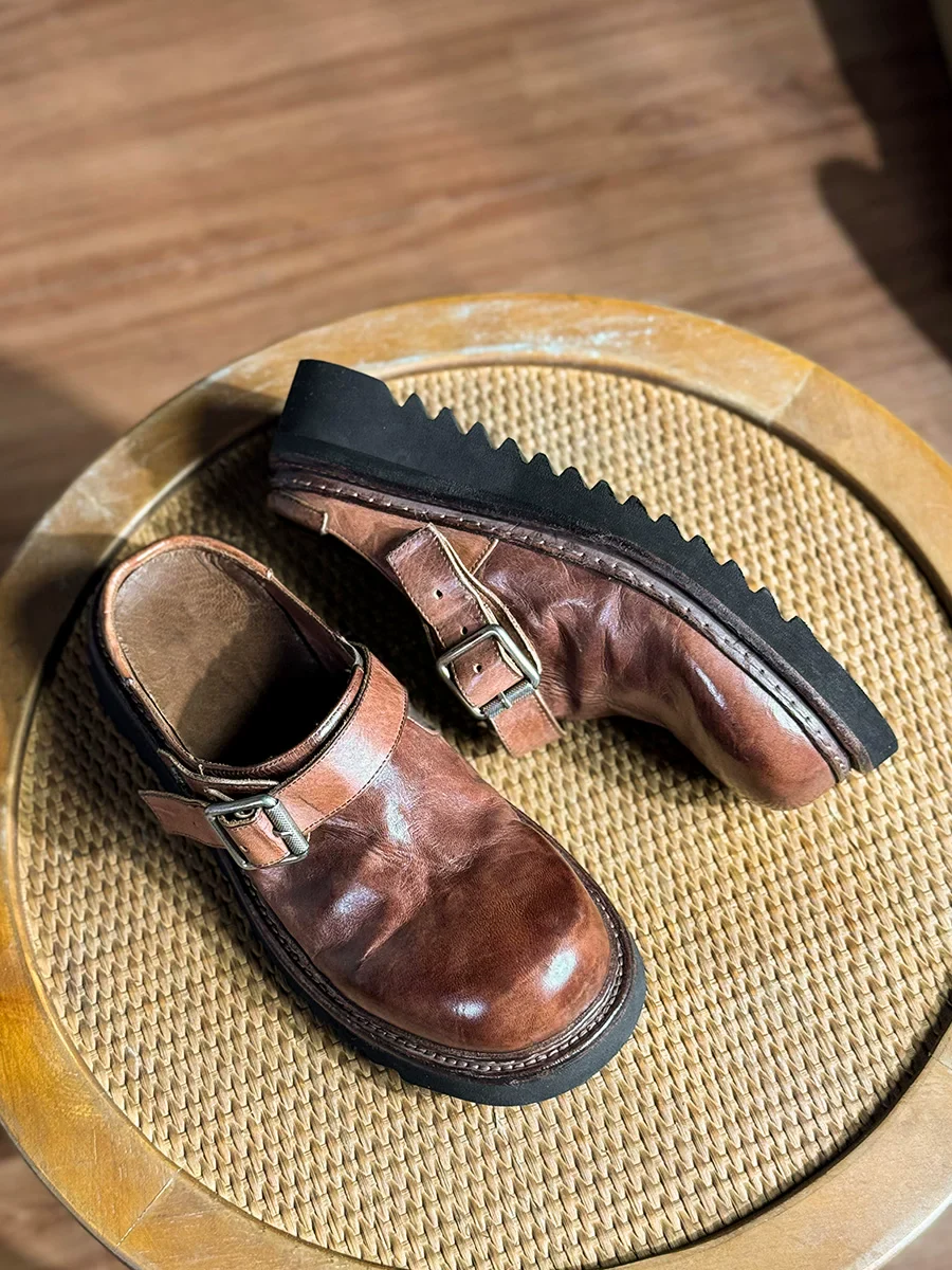 Goodyear handmade men's thick-soled heightening horse skin cool slippers