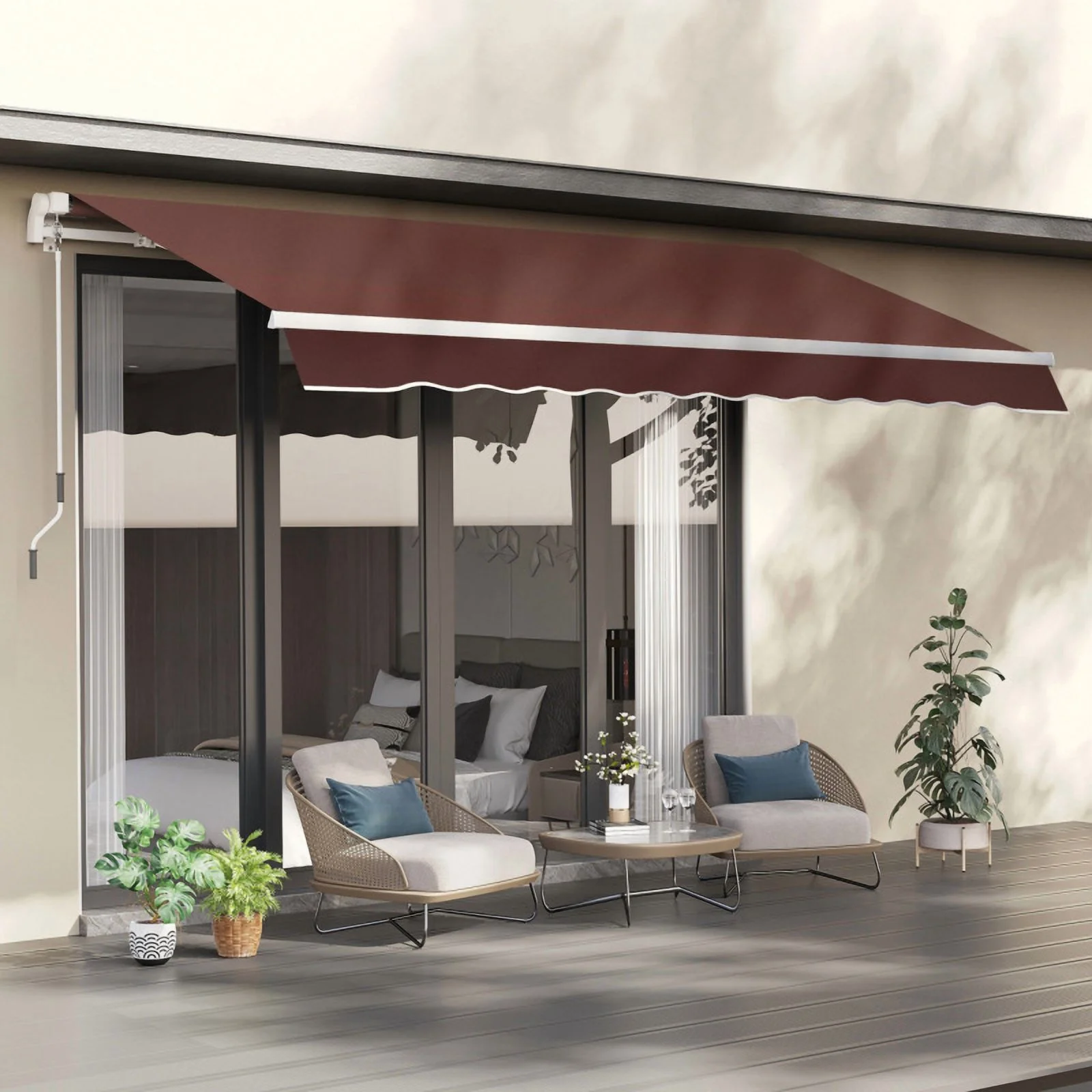 Outsunny 12' x 8' Retractable Awning Patio Awnings Sun Shade Shelter with Manual Crank Handle, 280g/m² UV & Water-Resistant Fabric and Aluminum Frame for Deck, Balcony, Yard, Brown On-Site