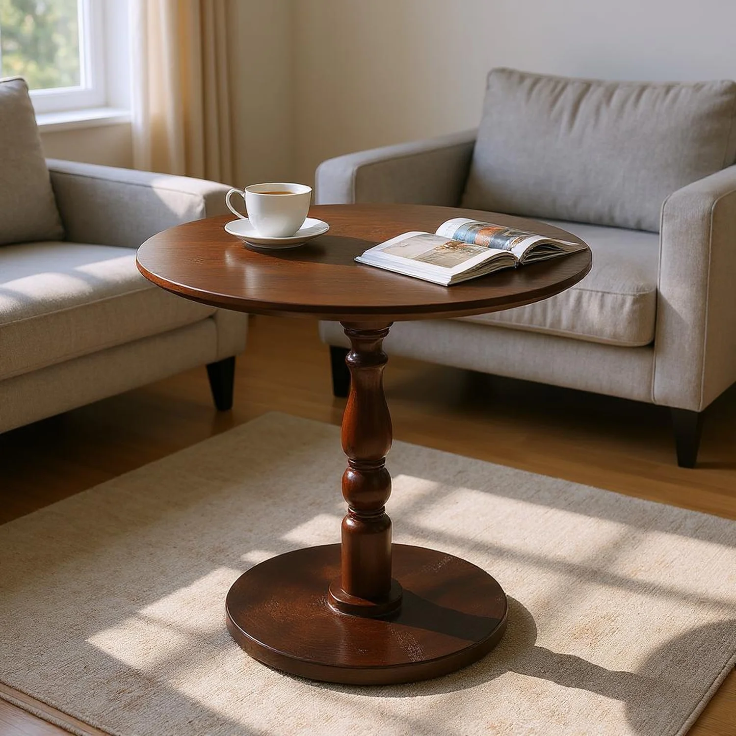 Homy Casa Round Wooden Dining Table for Cozy Living Room Coffee Corner, Walnut
