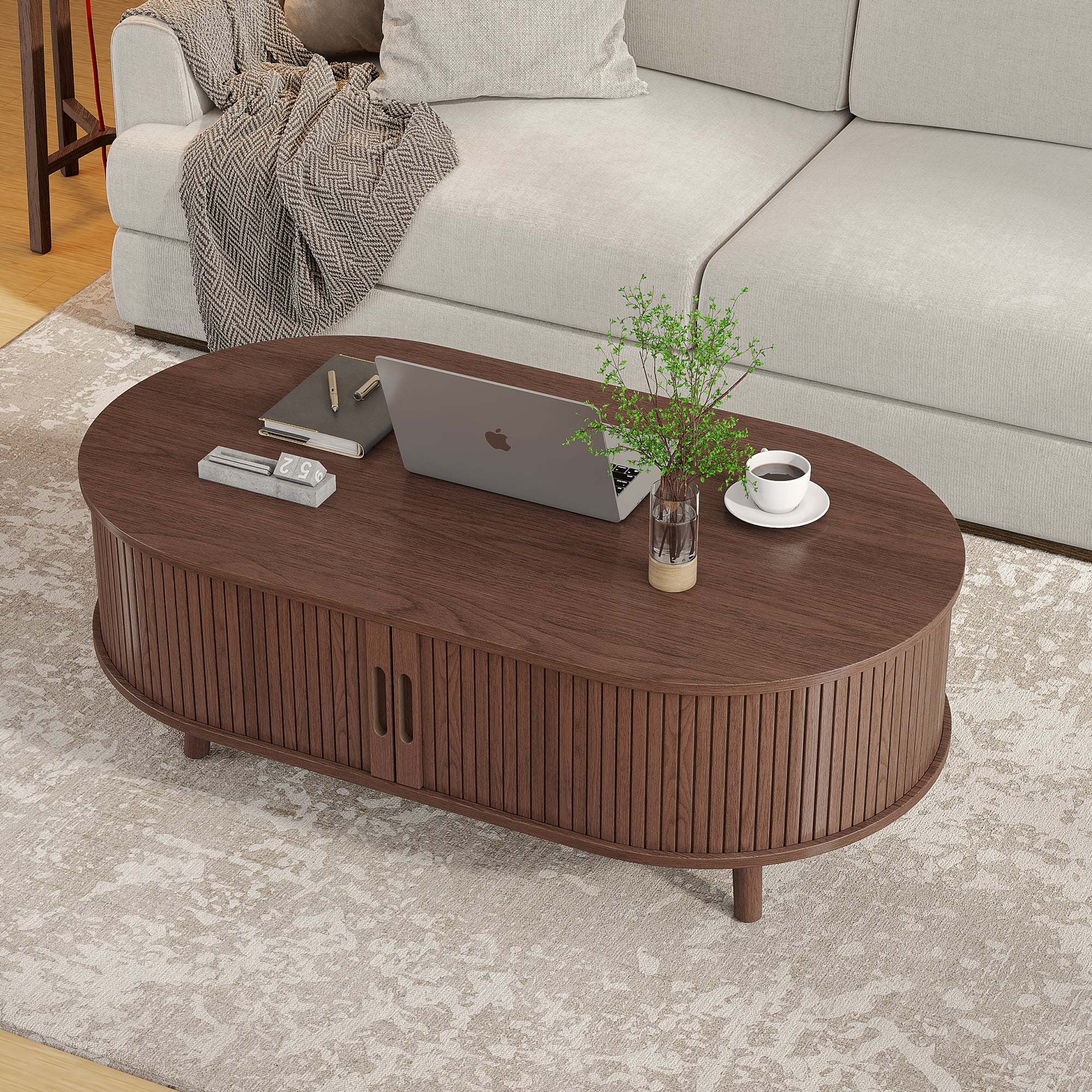 Oval Coffee Table, 42.5" Drum Coffee Table with Sliding Tambour Door, Fluted Accent Center Table with Storage, Mid Century Modern Coffee Table for Living Room, Center Table Walnut