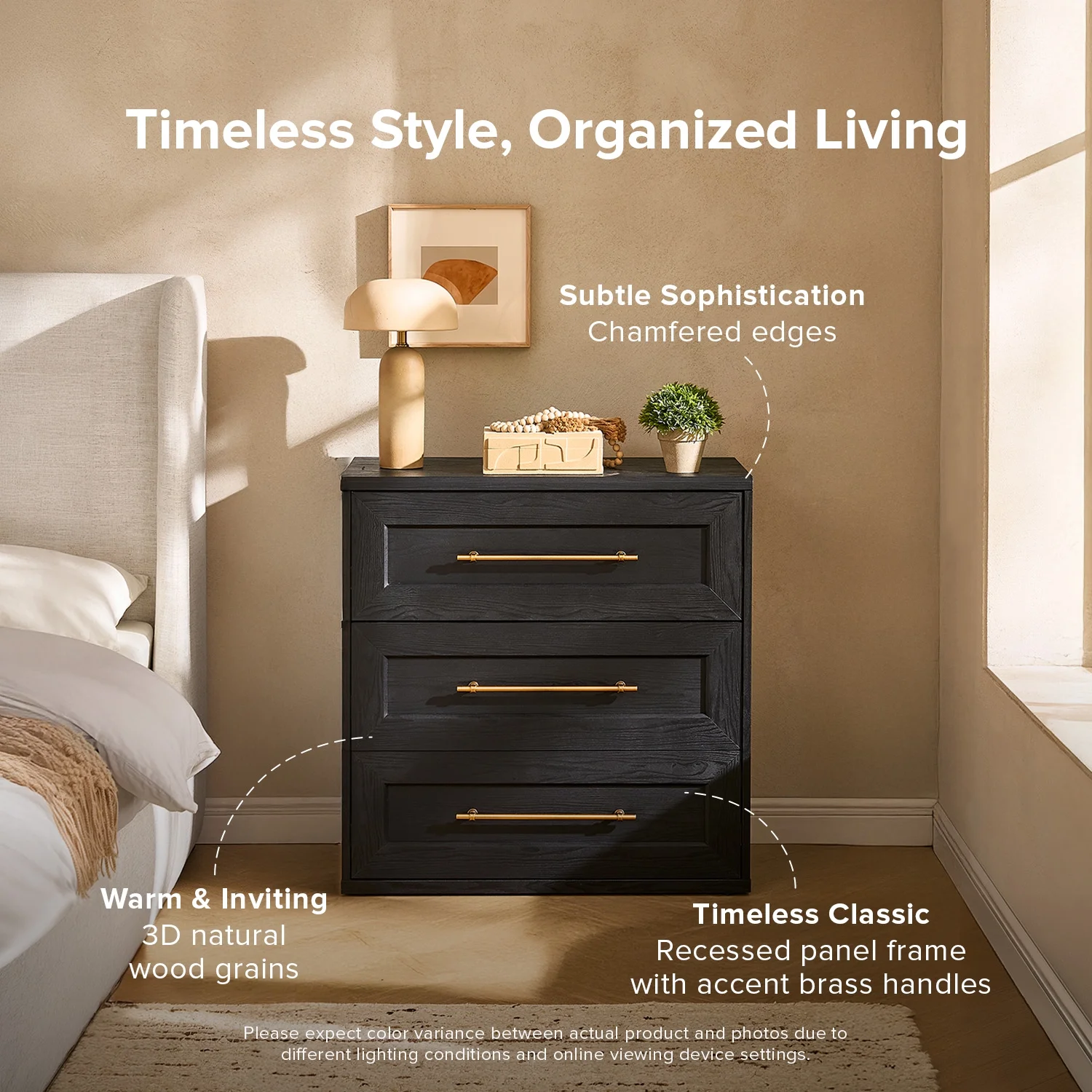 Mopio Blake 3 Drawer Dresser for Bedroom, Small Dresser & Chest of Drawers, Wood Dresser Organizer, Modern Farmhouse Dresser, Tall Night Stand, End Table, Enhanced Safety, Sturdy Compliant (Black)