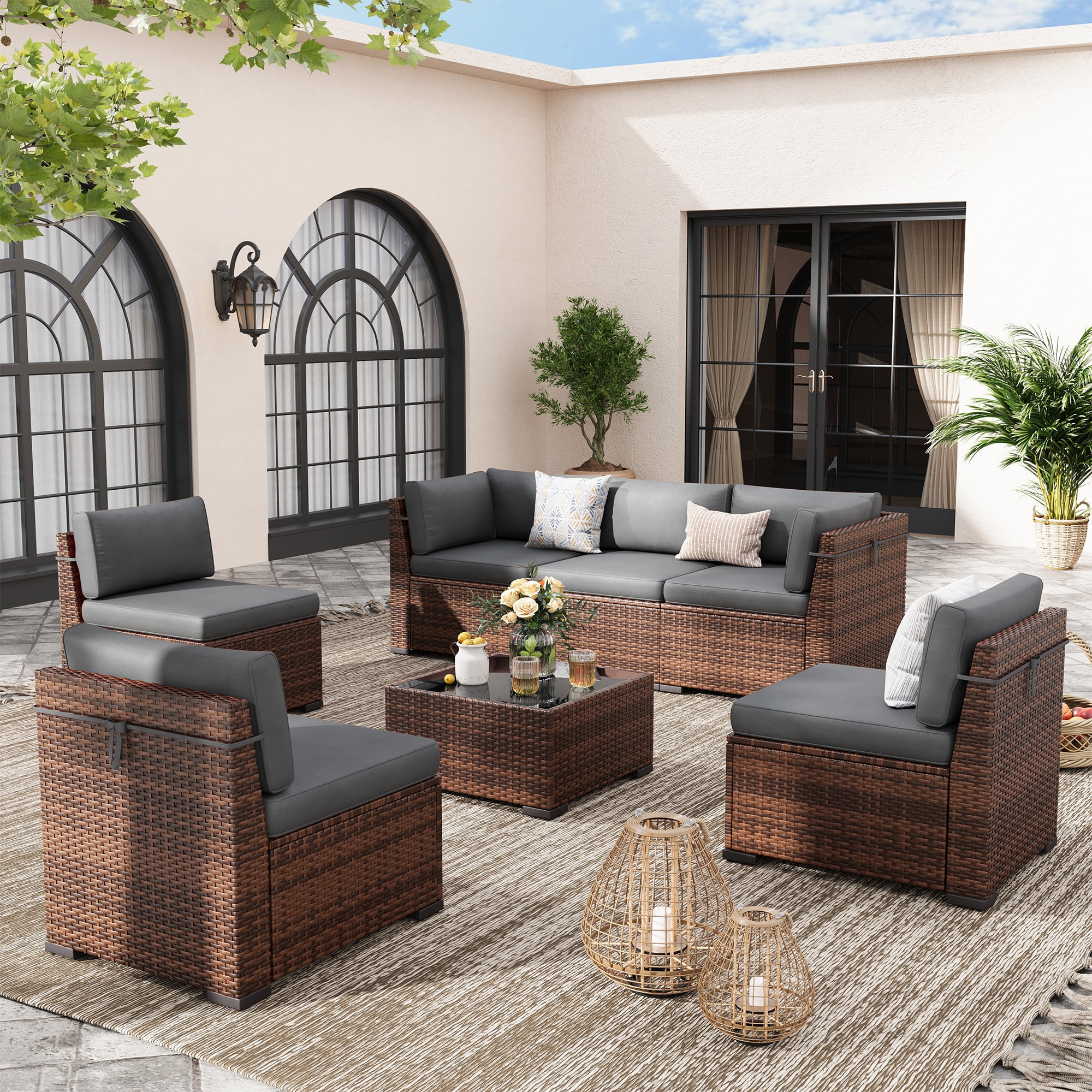 Poteban 7 Pieces Outdoor Sectional Sofa Set , PE Wicker Rattan Slanted Back Outdoor Conversation with Cushions and Glass Coffee Table for Backyard Garden, Dark Gray