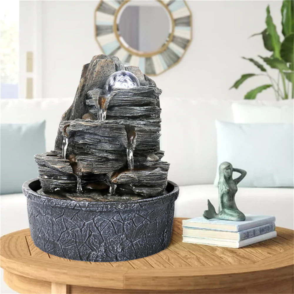 Indoor Water Fountain Tabletop with LED Light, Crystal Ball - 3 Step Zen Modern Portable Rock Waterfall Fountain for Office Desktop Decor