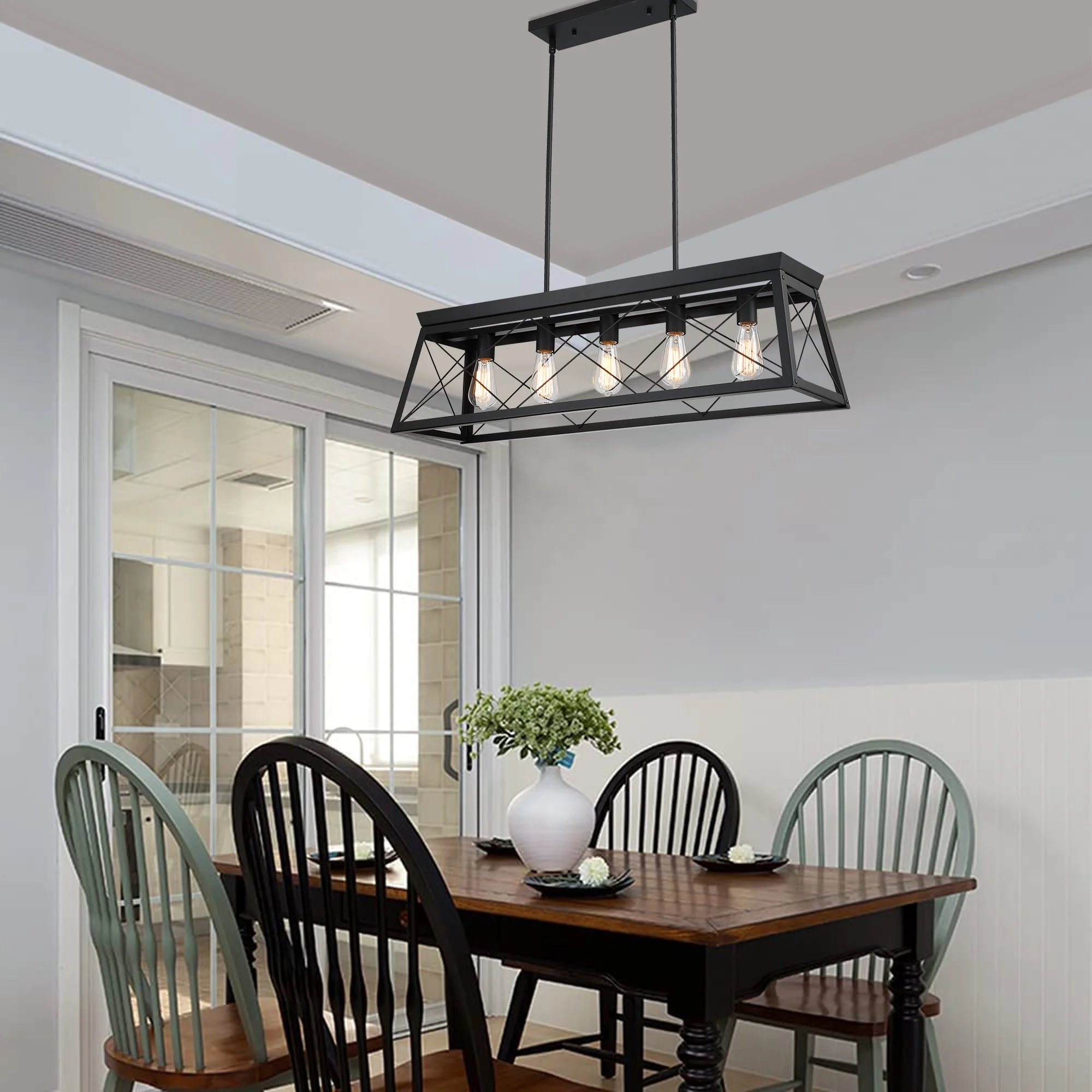 5-Light Farmhouse Matte Black Chandelier Industrial Pendant Lighting for Kitchen Island for Dining Room, Living Room