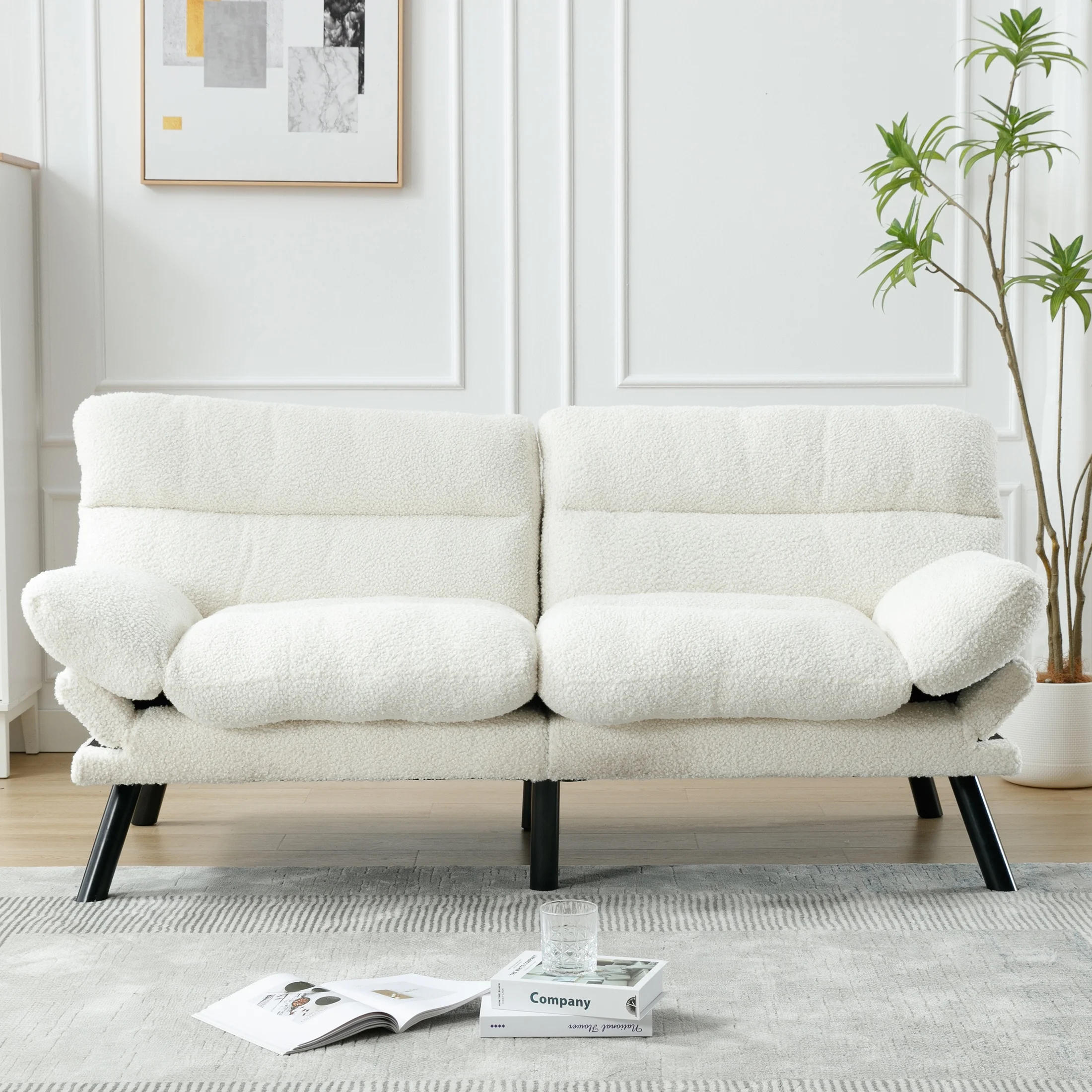 PORKISS 70.08" Futon Sofa Bed, Arm Sofa Couch with Adjustable Backrest & Armrests, Comfy Loveseat for Small Spaces Apartment, Modern Fabric Convertible Sleeper Sofa, Teddy Fabric, White