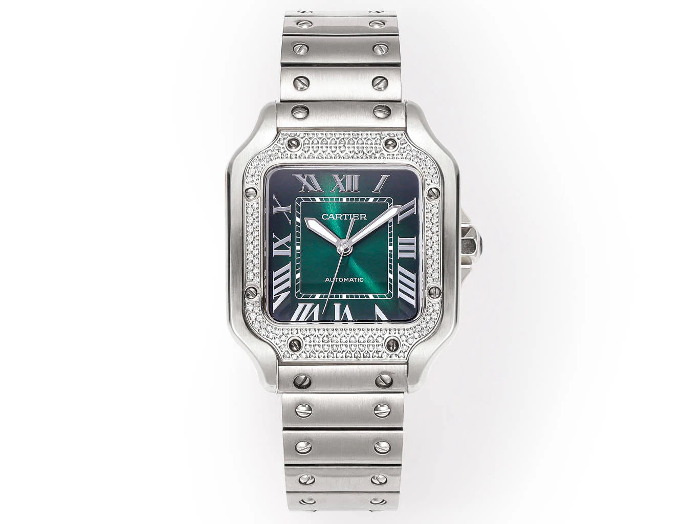 CARTIER Watch SANTOS LADY 35.1MM STEEL CASE DEEP GREEN DIAL DIAMOND BEZEL