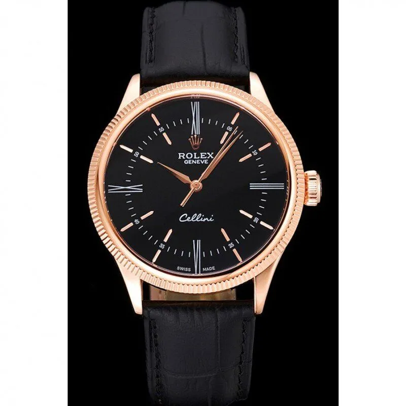 Swiss Rolex Cellini Time Rose Gold Case Black Dial Black Leather Bracelet 622656