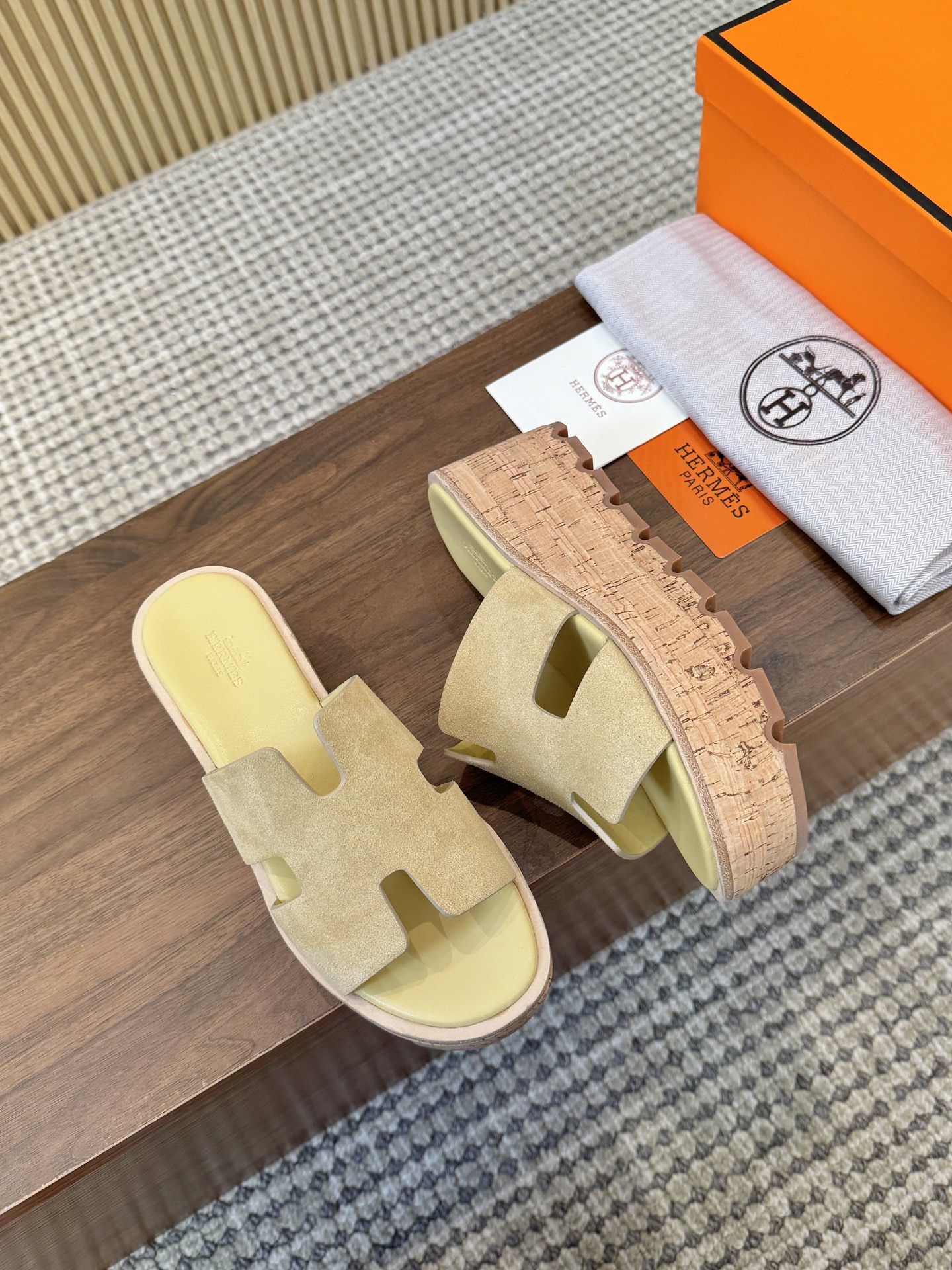 Hermes Beige Suede Leather H-Cutout Cork Sole Slide Sandal