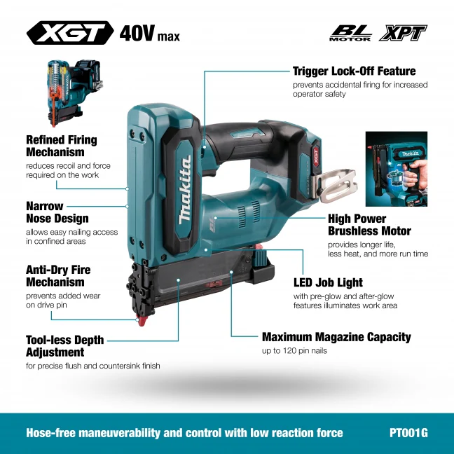 MAKITA  PT001GZ 40V Max XGT BL 1-3/8 in. 23 ga Pin Nailer, Tool Only
