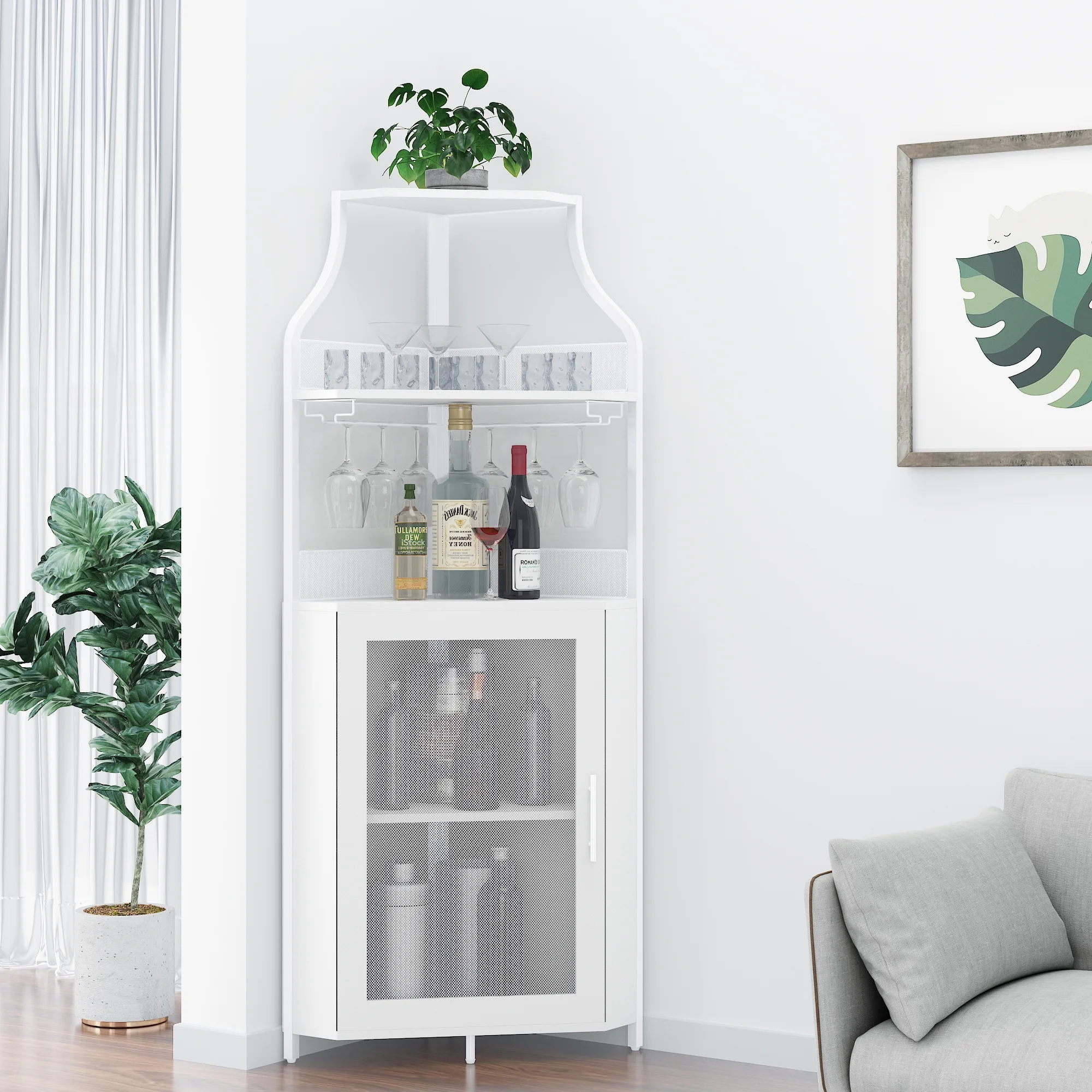 Joyspirit Farmhouse Corner Wine Cabinet, Rustic White Liquor and Coffee Bar Cabinet with Removable Wine Rack, Glass Holder, Mesh Door, and Adjustable Shelves.