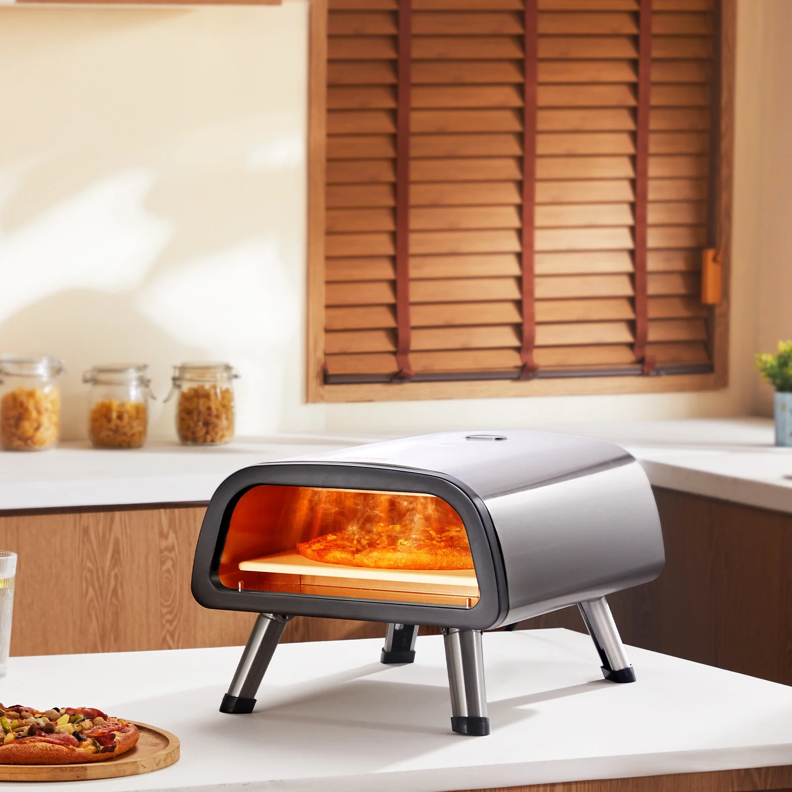 KFFKFF 12" Electric Pizza Oven for Countertops, Made of Stainless Steel, Includes Pizza Stone & Spatula, Reaches up to 850F, Versatile Pizza Baking Device for Home, Restaurant, and Camping Use