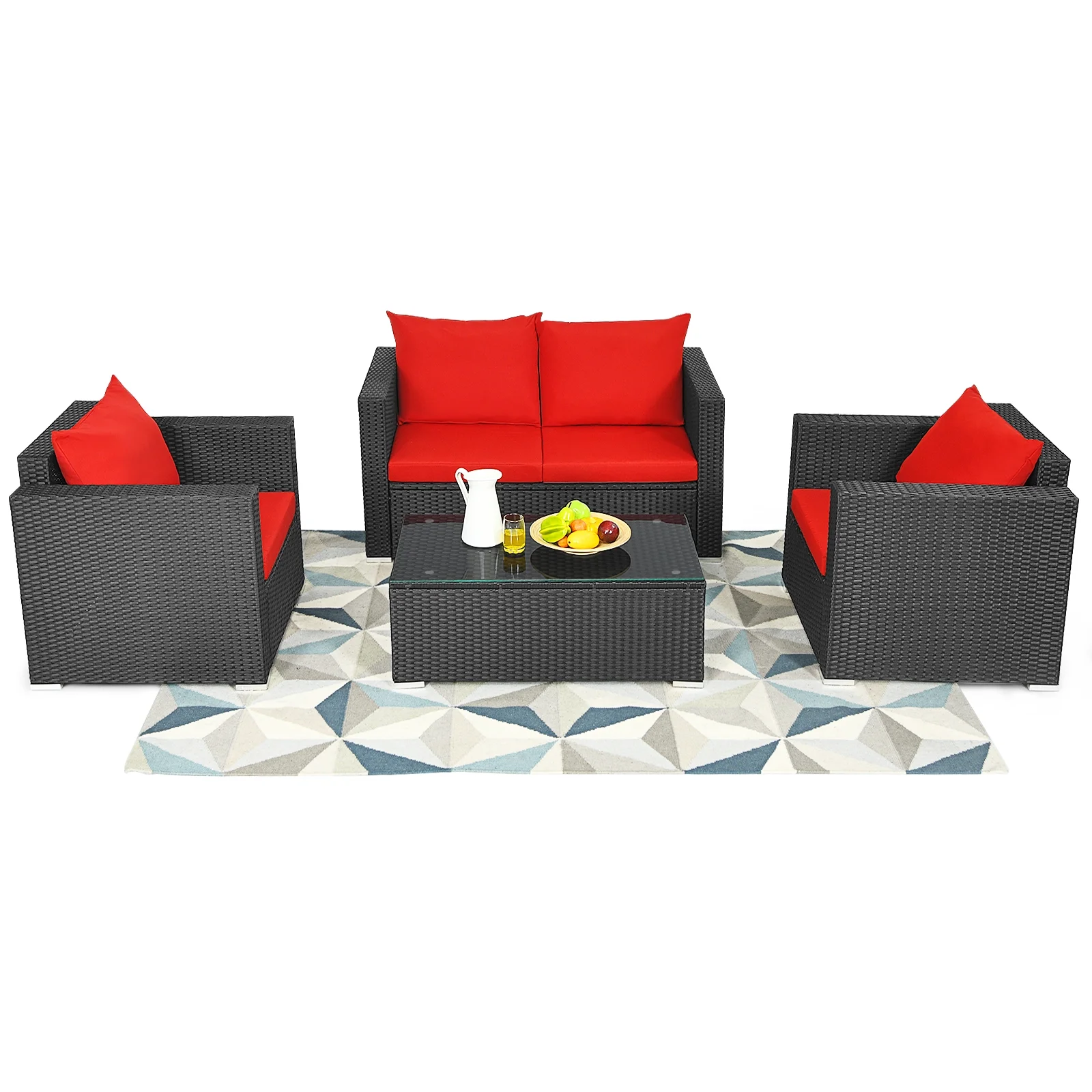 Patiojoy 4PC Patio Rattan Wicker Conversation Furniture Set Sectional Sofa & Coffee Table Red