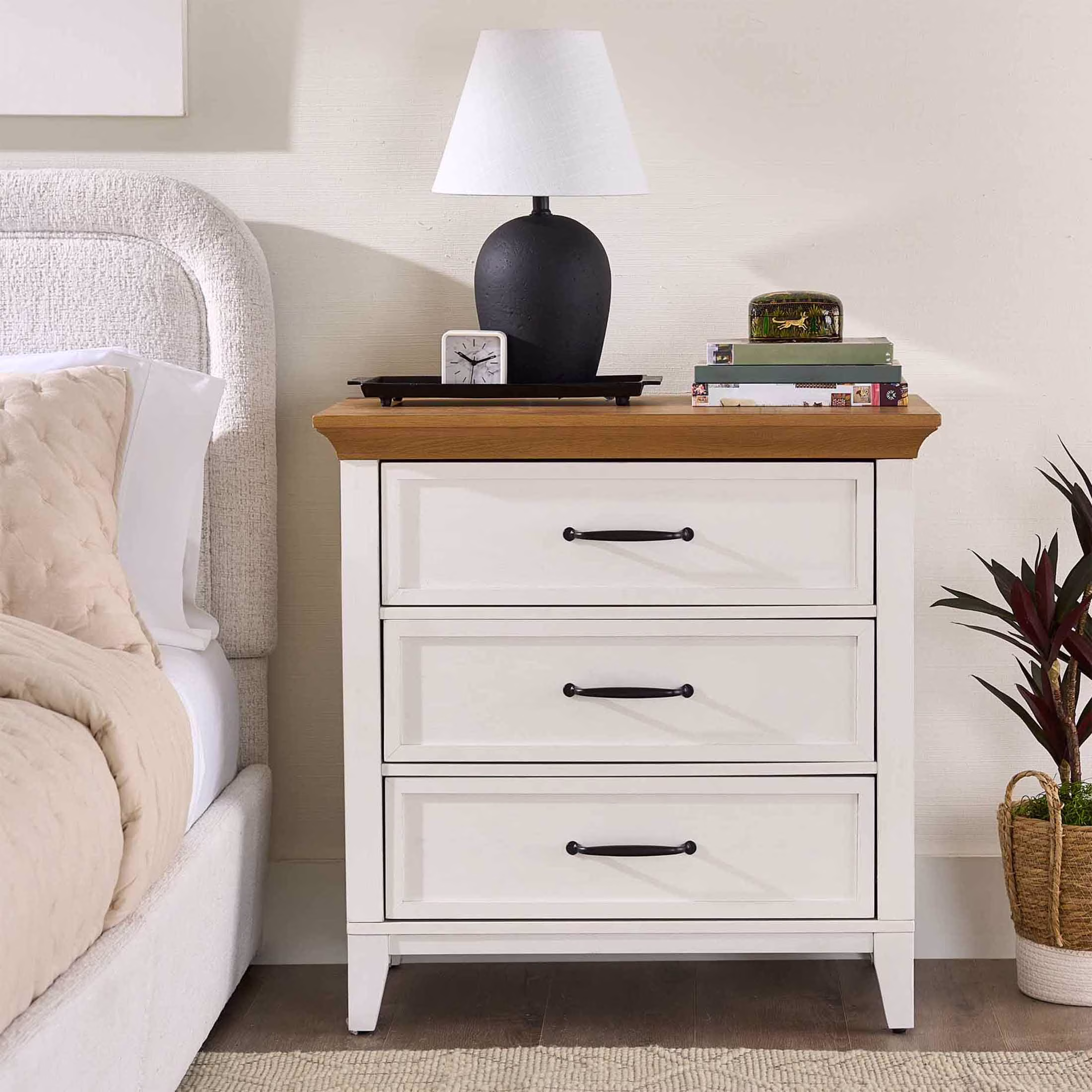 Better Homes & Gardens Canton 3-Drawer Nightstand, Textured White and Light Honey