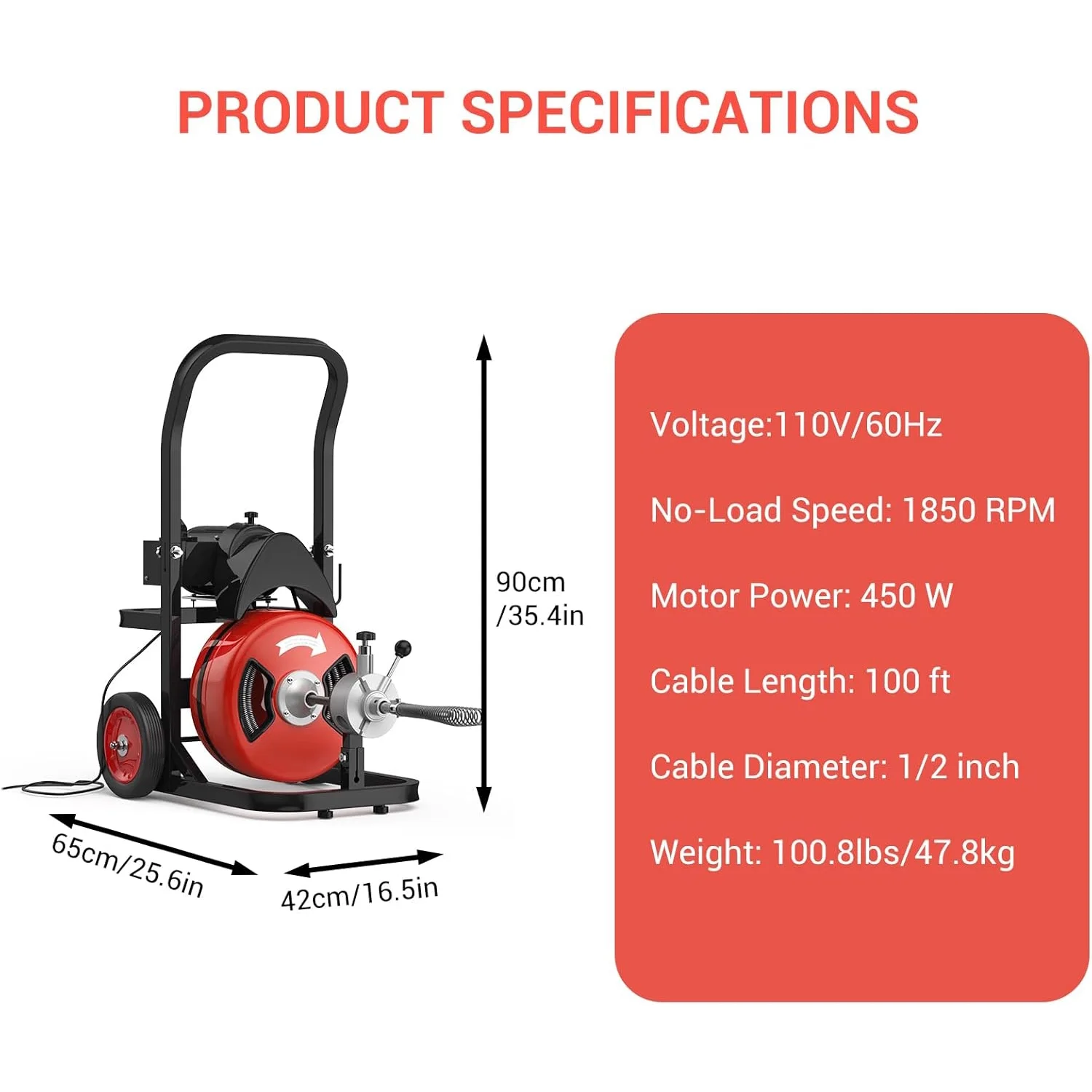 Roromall 75FT 100FT Electric Drain Cleaning Machine with 1/2-inch 3/4-inch Cable, 450W Auto Feed Portable Sewer Snake, Air-Activated Foot Switch, 4 Interchangeable Cutters for 2
