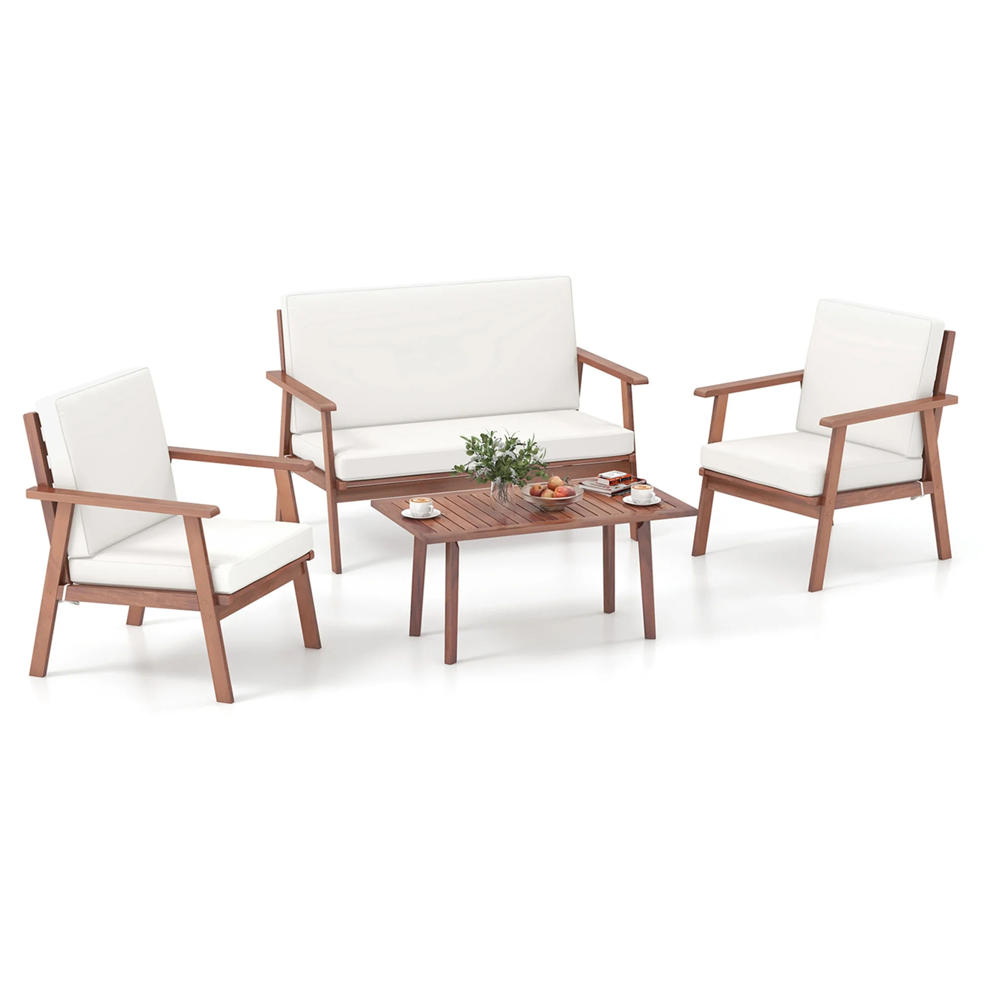 Costway 4 PCS Patio Conversation Set Acacia Wood Sofa Coffee Table with Cushioned Seat