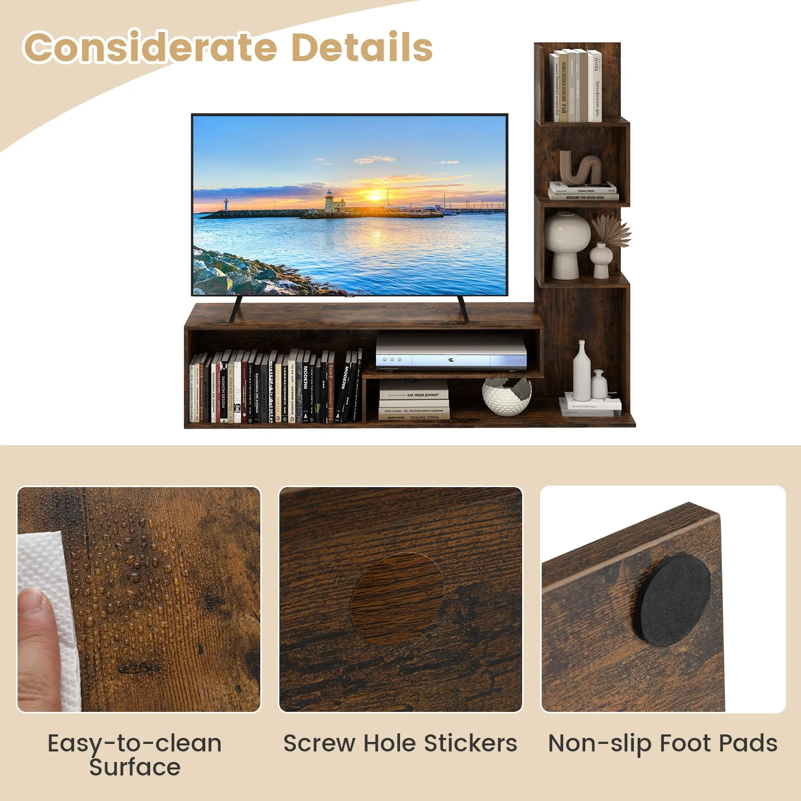 Book Shelf TV Stand for 50 Inch TV, L-Shaped Entertainment Center with Storage & 3 Tier Bookshelf, Wood Television Stands, Industrial TV Console Table for Living Room, Bedroom (Rustic Brown)