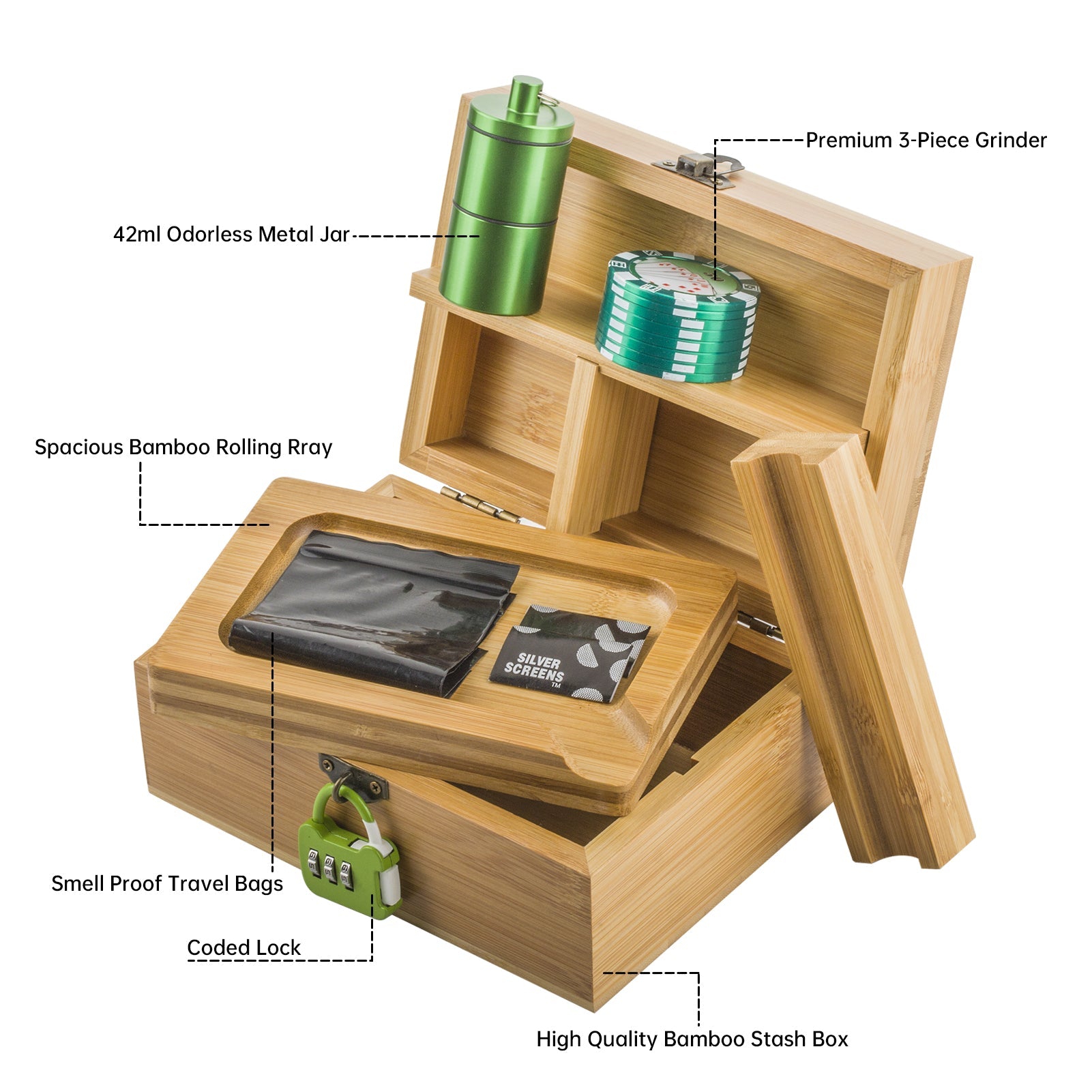 Wooden Stash Box Lock w/ Recycler Dab Rig Glass Pipe Set