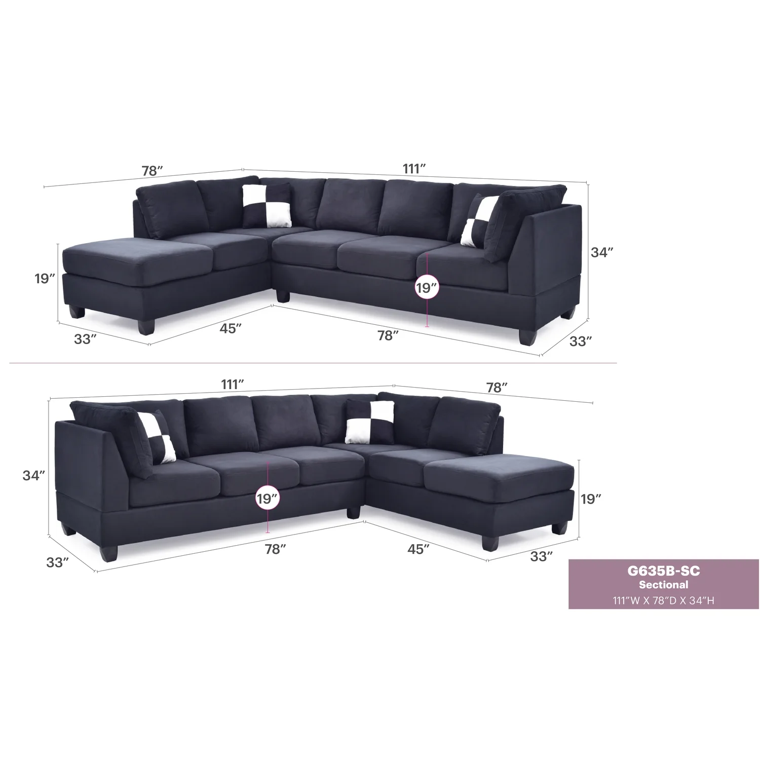 Glory Furniture Malone Microsuede Sectional in Black