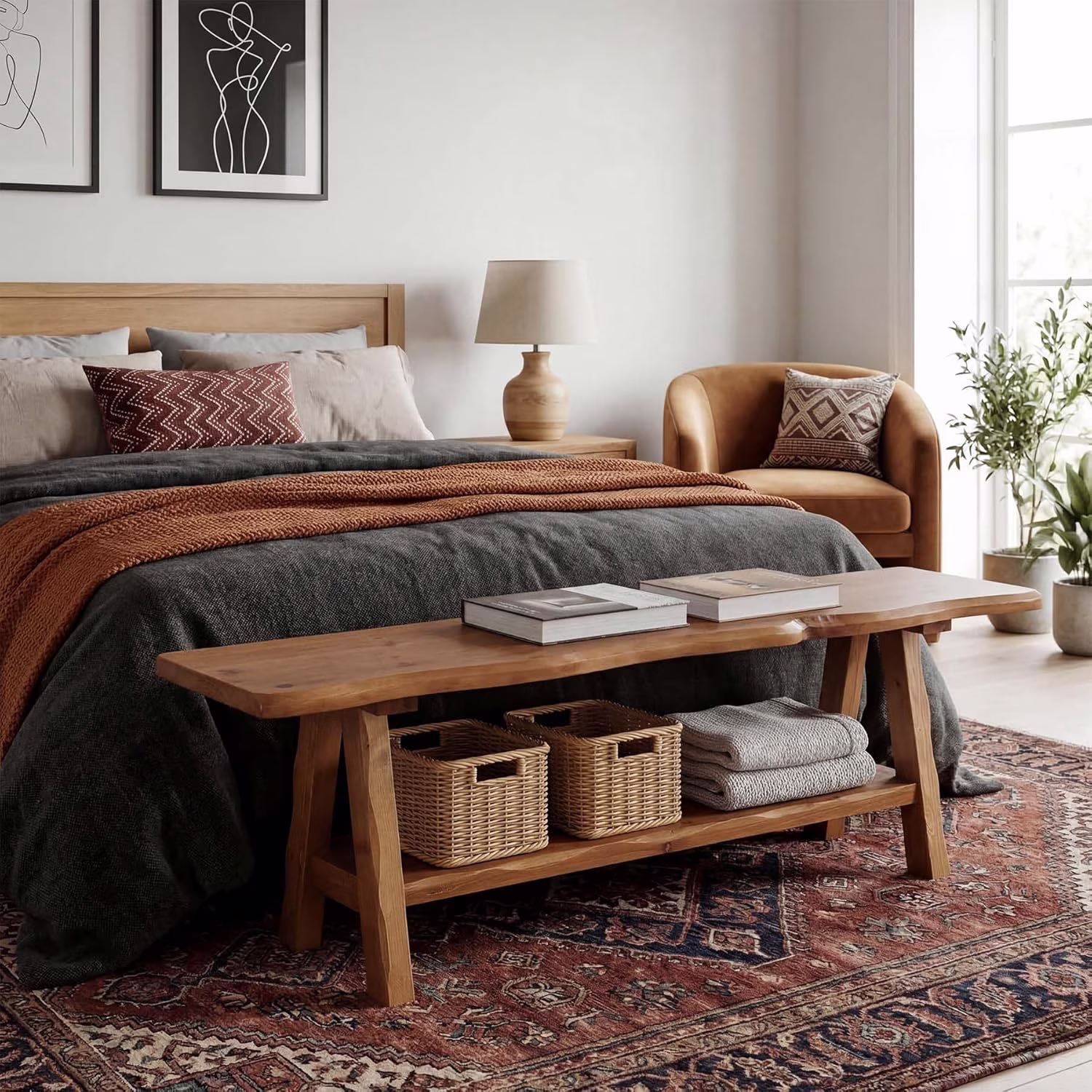 Tribesigns Solid Wood Bench, 55" Farmhouse Entryway Bench with Live-Edge, Long End of Bed Bench, Shoe Bench for Entrance, Bedroom, Easy Assembly, Brown