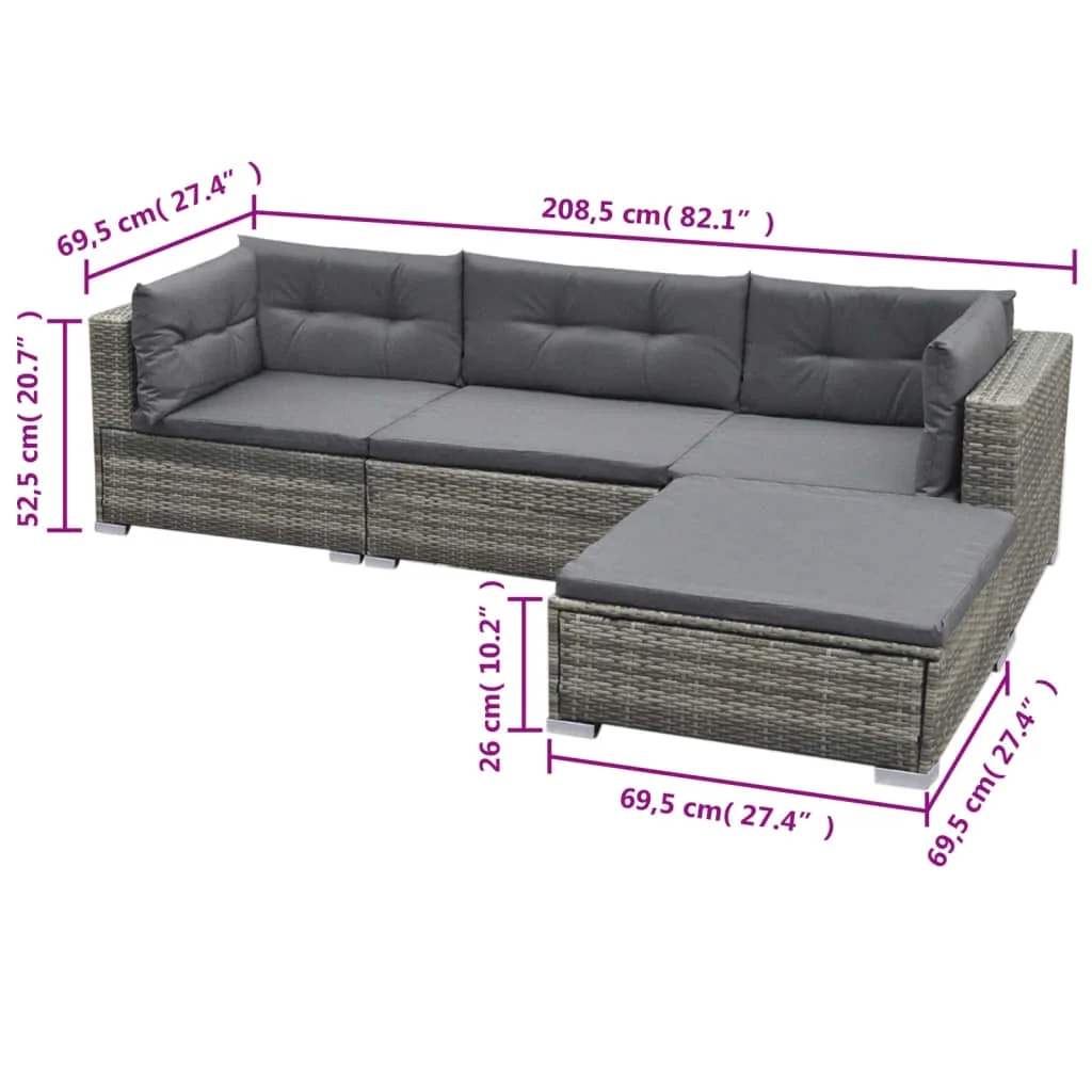 vidaXL 5 Piece Patio Lounge Set with Cushions Poly Rattan Gray
