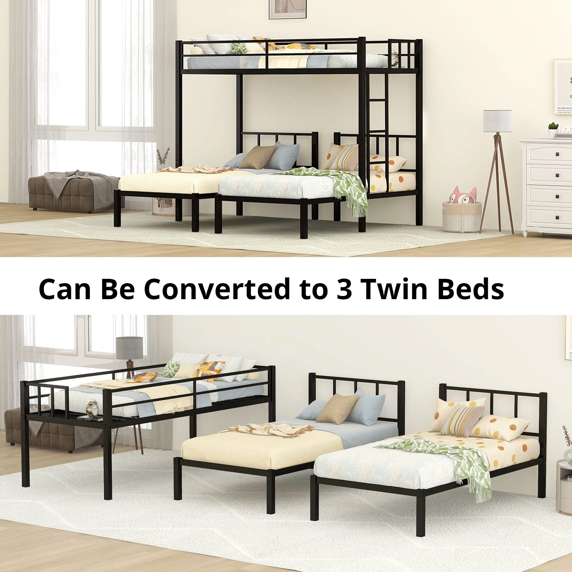 Triple Bunk Bed for 3, Twin over Twin & Twin Bunk Bed with Ladder and Shelf, Can be divided into 3 Beds, Metal Bunk Bed Frame with Safety Rail & Slats Support, No Box Spring Needed, Black