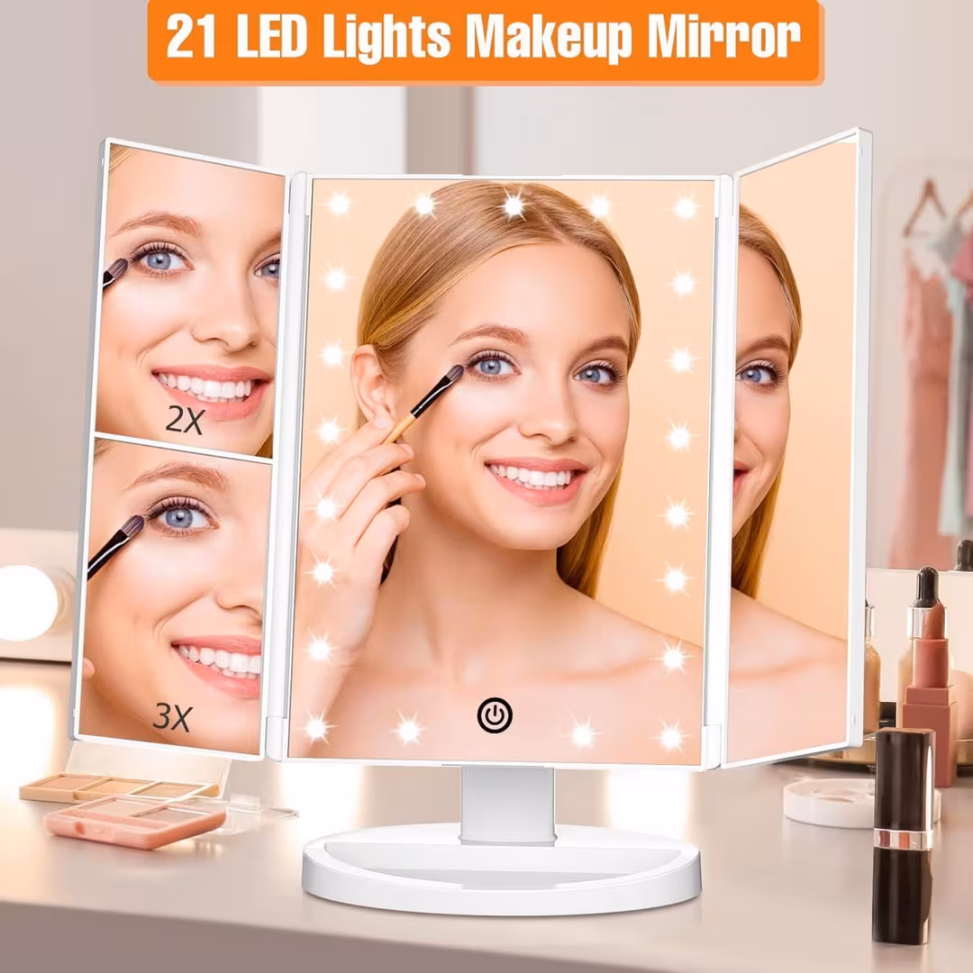 FASCINATE  Trifold LED Makeup Mirror with Touch Dimmable Lighting & Multi-Magnification