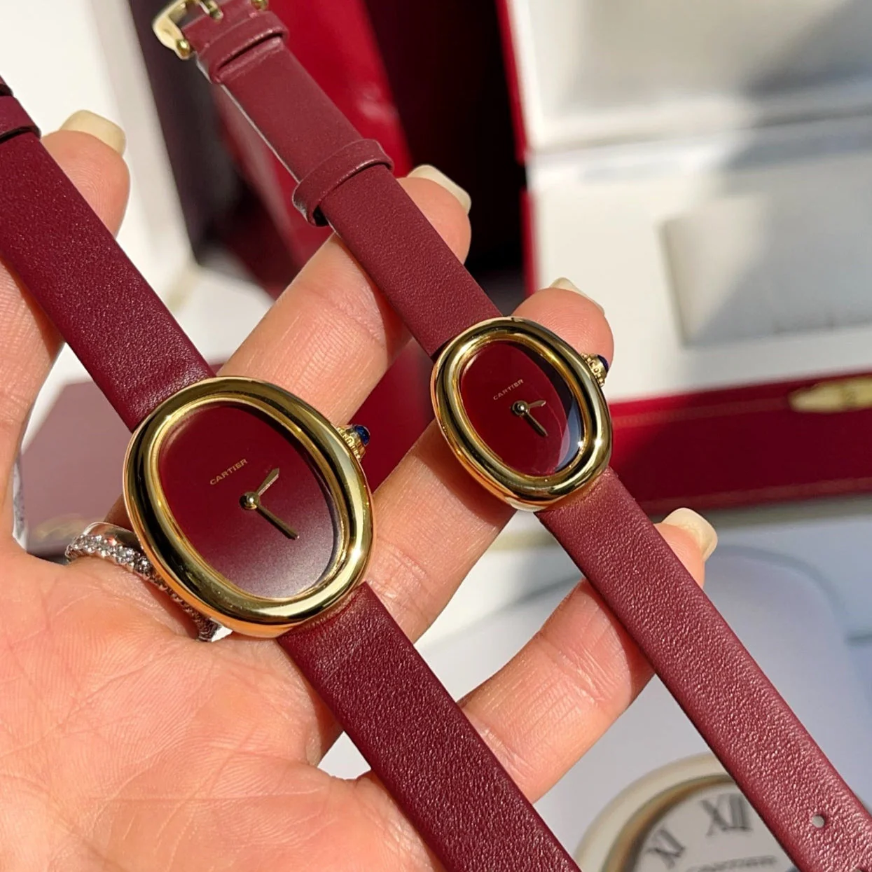 Cartier Watch Baignoire Gold Case Red Leather Red Dial