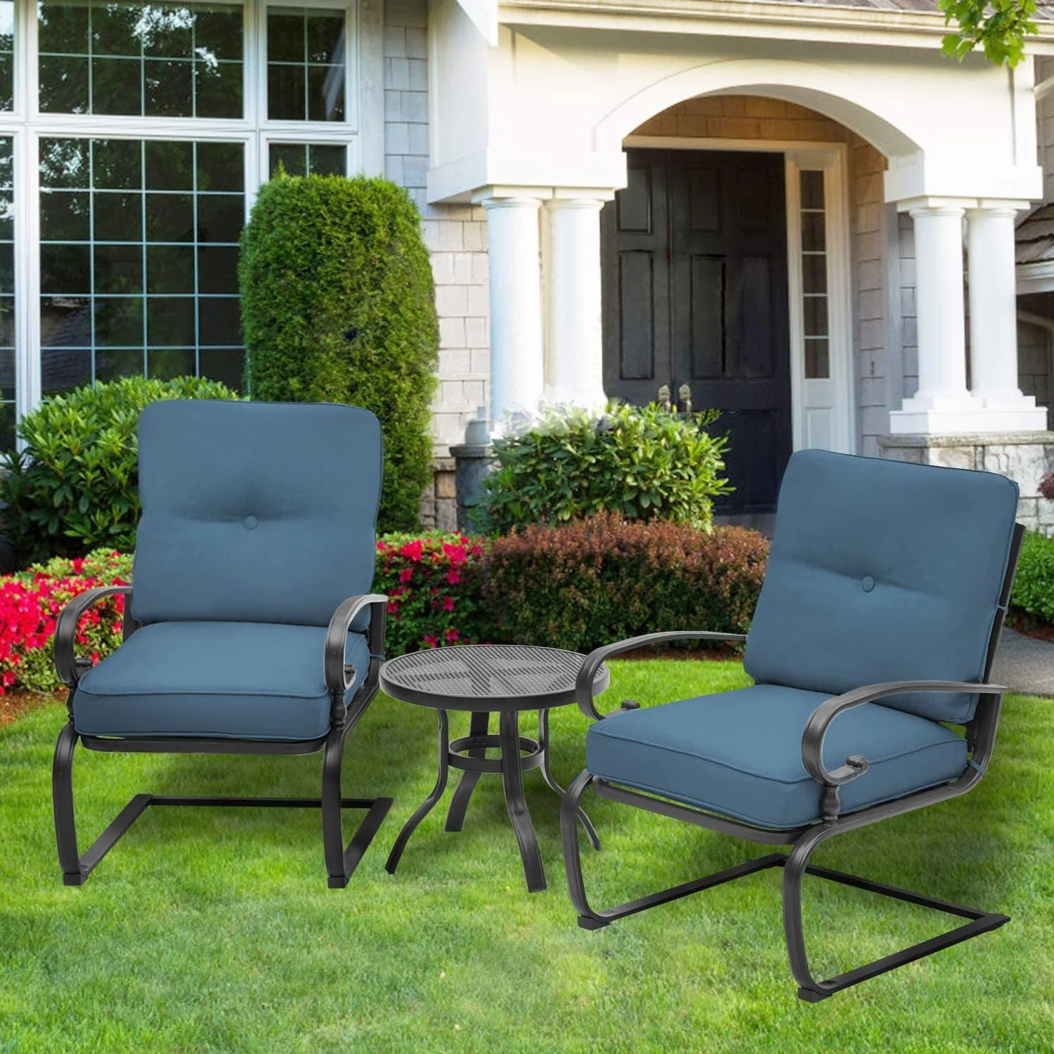 SUNCROWN 3-Piece Patio Furniture Outdoor Bistro Set Spring Metal Chairs and Round Bistro Table, Blue