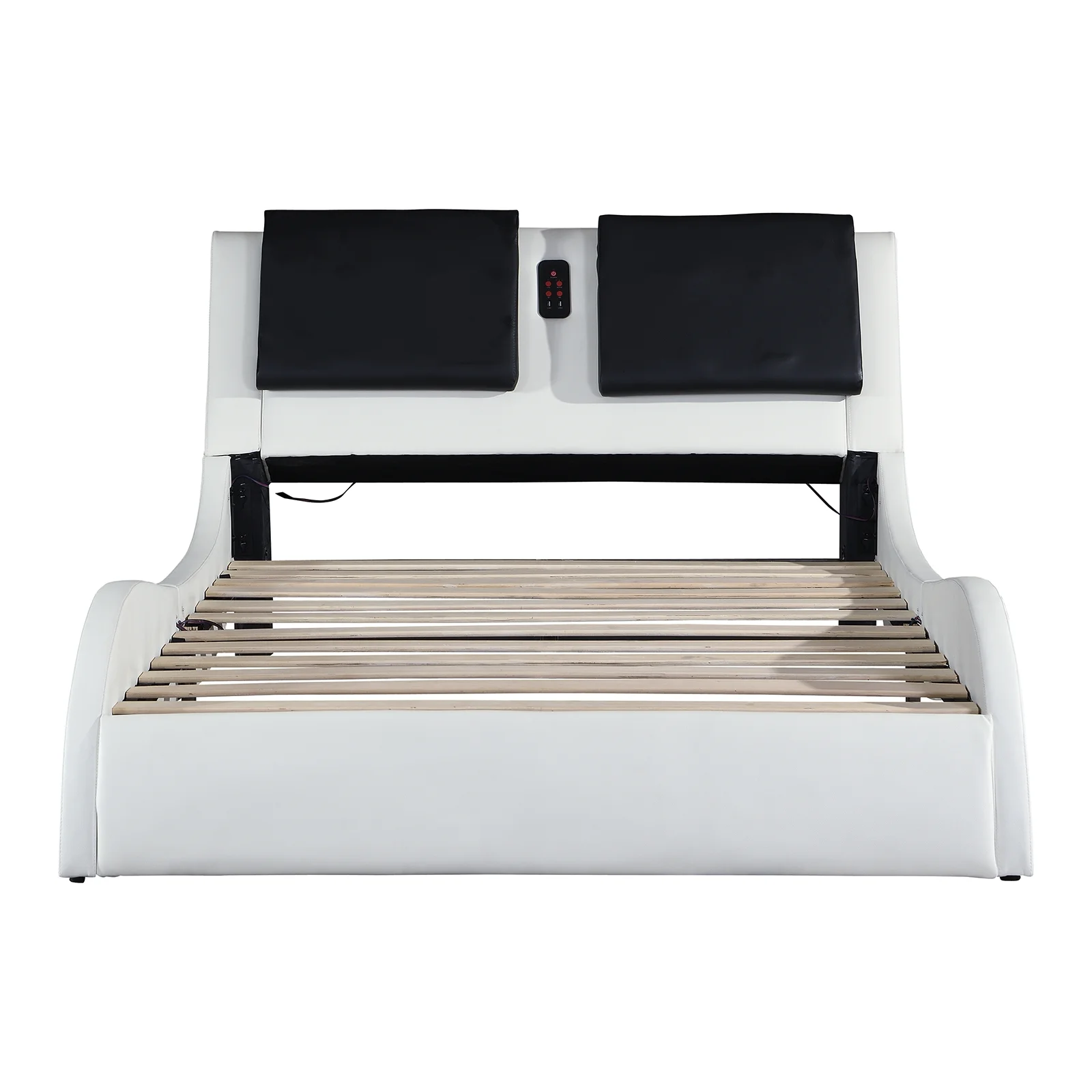 OYang King Size Platform Bed Frame wth LED Light And USB Charging Ports Headboard, Wave-Like Curve Backrest Vibration Massage Upholstered Faux Leather Bed for Home