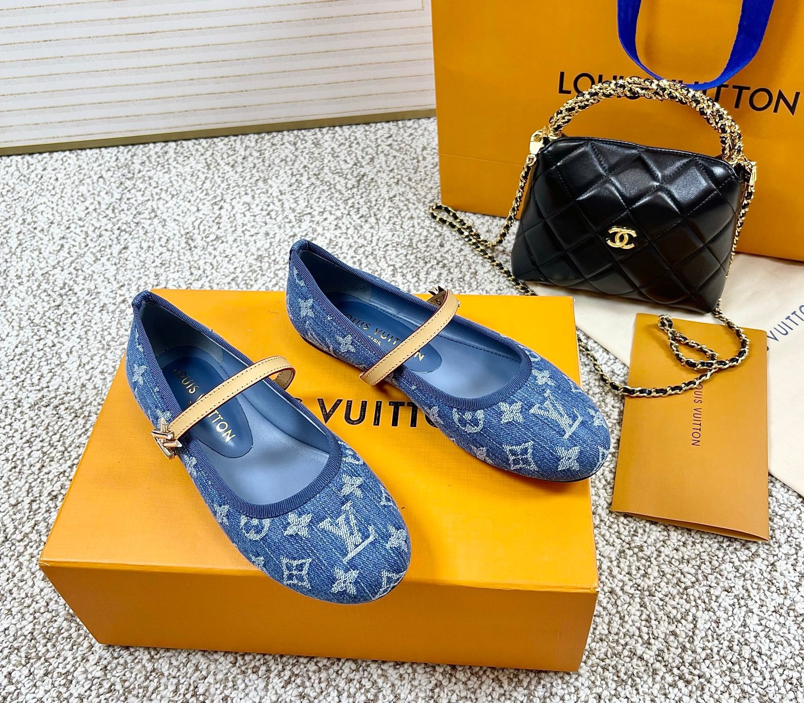 Louis Vuitton LV Monogram Denim Romy Leather Strap Gold LV Twist Buckle Strap Joy Mary Jane Flats