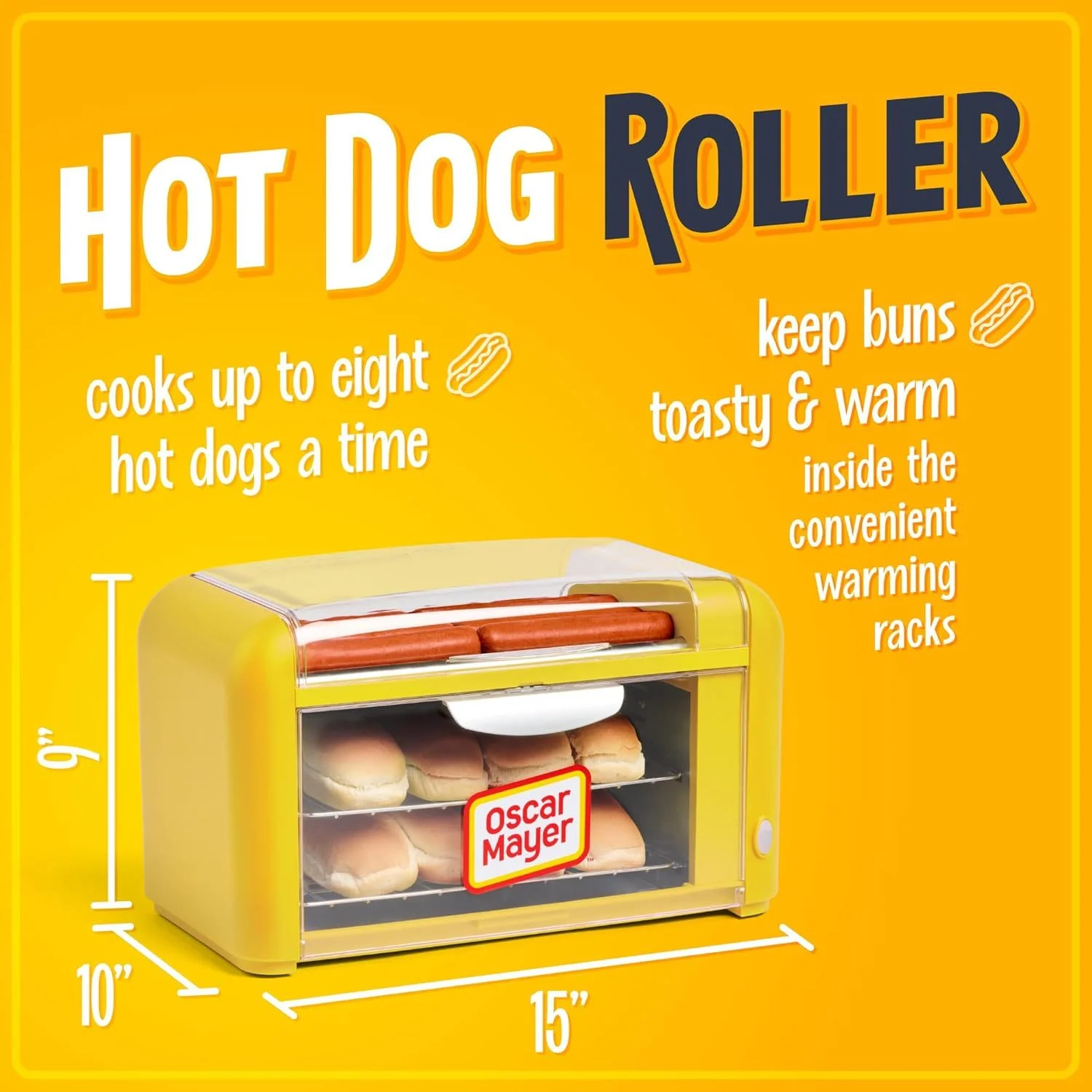 ZZJP Oscar Mayer Extra Large Countertop 8 Hot Dog Roller and Bun Toaster Oven - Stainless Steel Rollers and Non-stick Warming Racks - Adjustable Timer