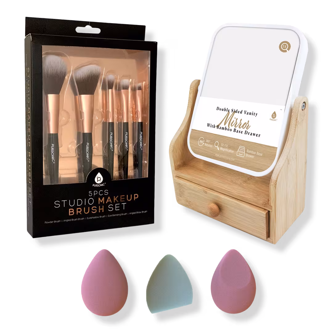 PURSONIC  Makeup Brush Set, Multi-Shape Sponges, and Dual-Sided Mirror