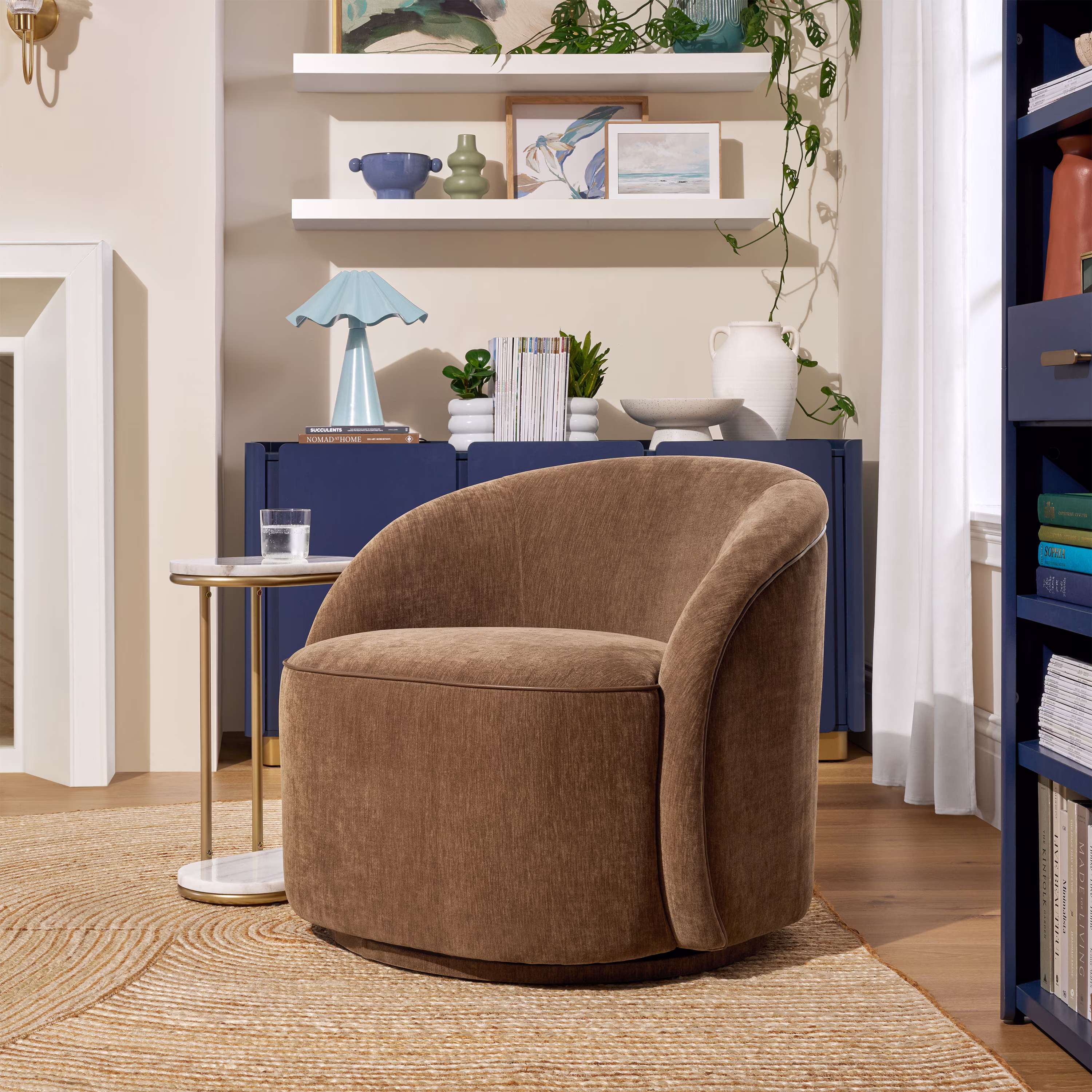 Beautiful Georgiana Swivel Accent Chair by Drew Barrymore, Rose Pink with Faux Leather Rust Piping