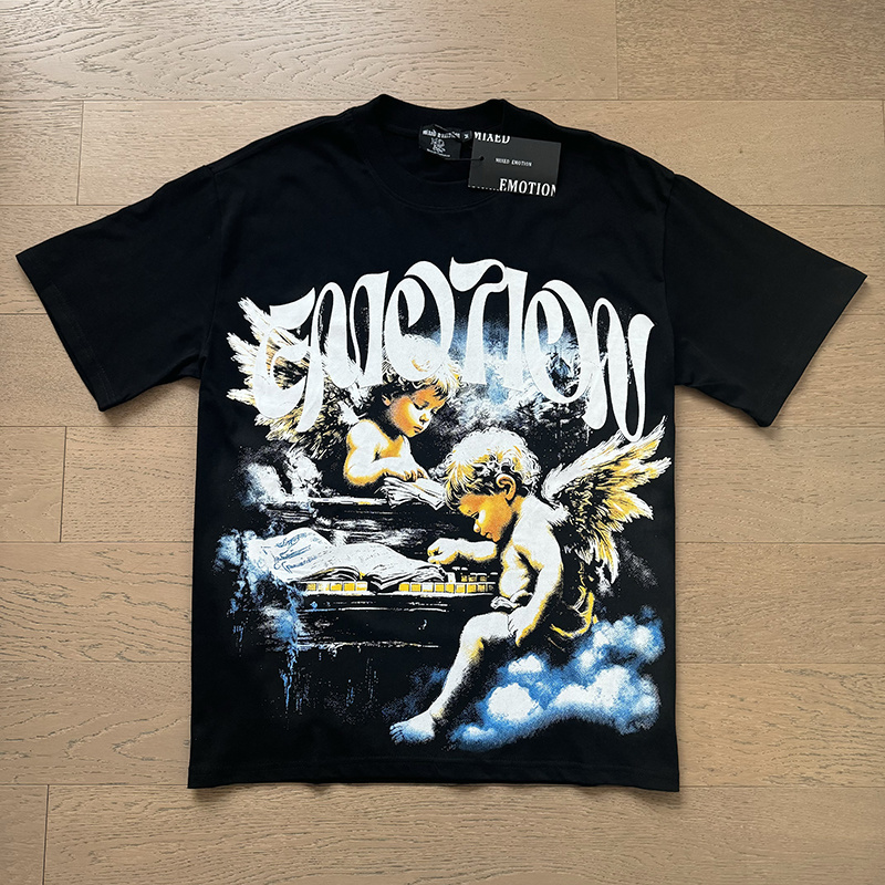 Double-winged angel piano playing printed short-sleeved shirt