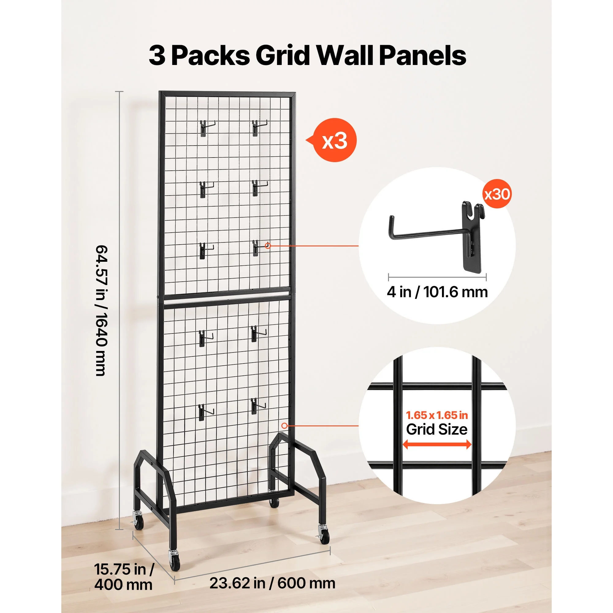 KFFKFF 3-Pack Grid Wall Panels, 1.9 x 5.4 ft Wire Display Racks with Wheels and 30 Hooks, Black Carbon Steel Panels for Craft Fairs, Decoration, Storage, and Message Boards