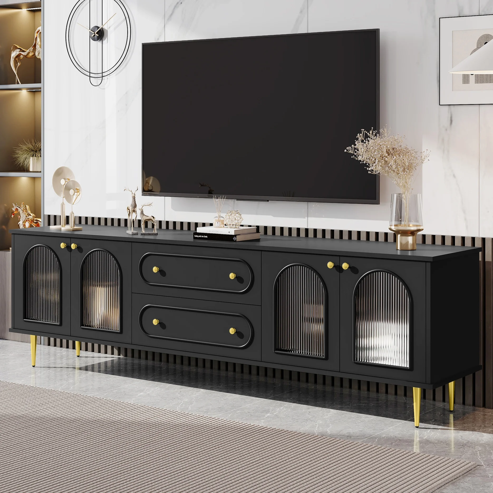 TV Stand for 80 inch TV, Entertainment Center with 2 Drawers and 2 Cabinets, Low Profile TV Consoles with Fluted Glass Doors and 5 Metal Legs for Living Room, Black
