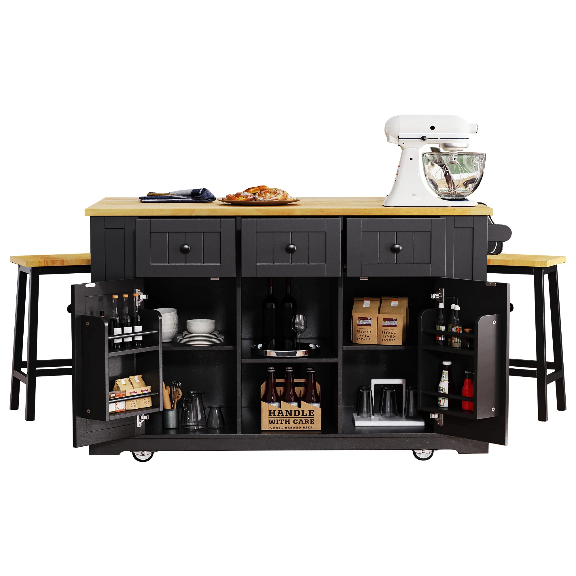 EUROCO 53" Kitchen Island Cart with Power Outlet and 2 Stools, Kitchen Island Set with Drop Leaf, Door Internal Storage Rack, Rolling Kitchen Storage Cart on Wheels with 5 Open Side Racks, 3 Drawers