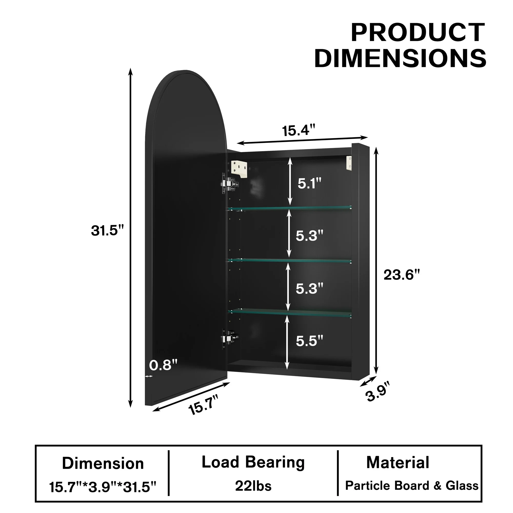 FKWin Arched Bathroom Medicine Cabinet with Mirror - Aluminum Framed Bathroom Mirror with Storage, Black Mirrored Medicine Cabinet, Wall Surface Mounted, 31.4