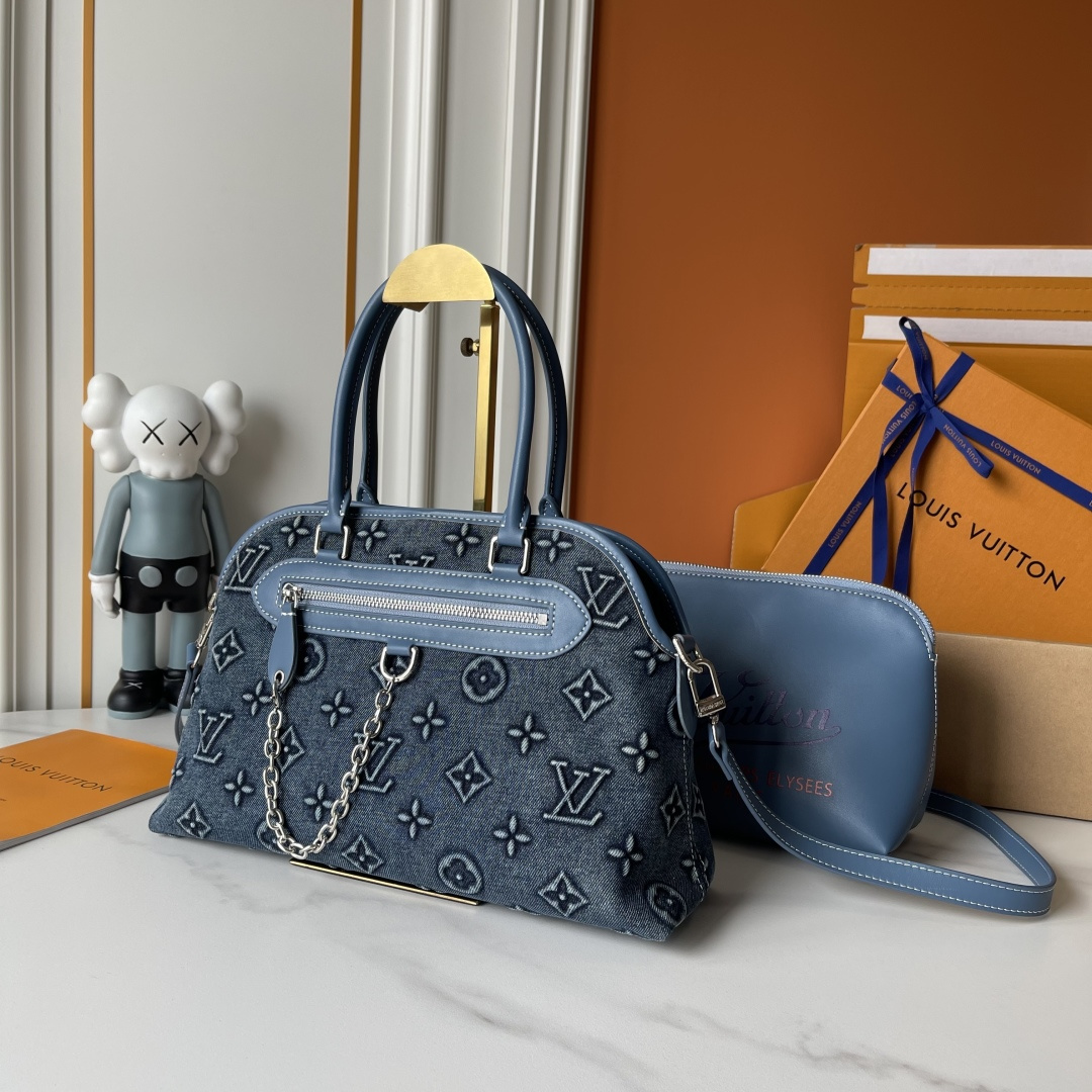 LV PM Montorgueil Ever More Embossed Monogram Blue Denim Dome Top Handle Bag With Pouch