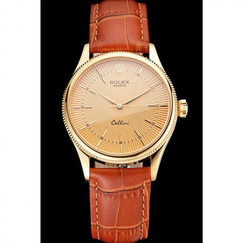 Swiss Rolex Cellini Gold Dial And Markings Gold Case Light Brown Leather Strap